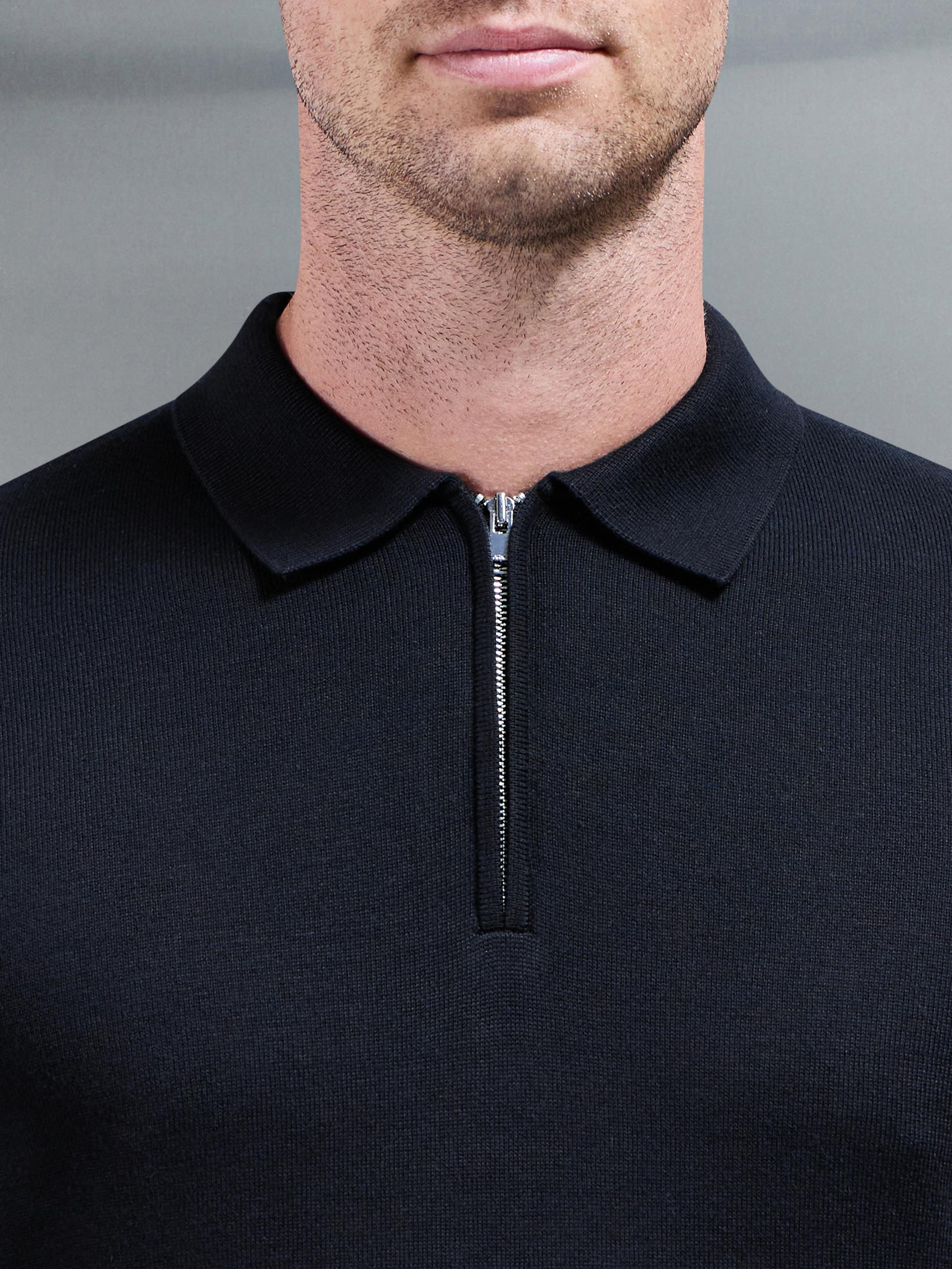 Cotton Knitted Long Sleeve Half Zip Polo Shirt in Black - Image 4