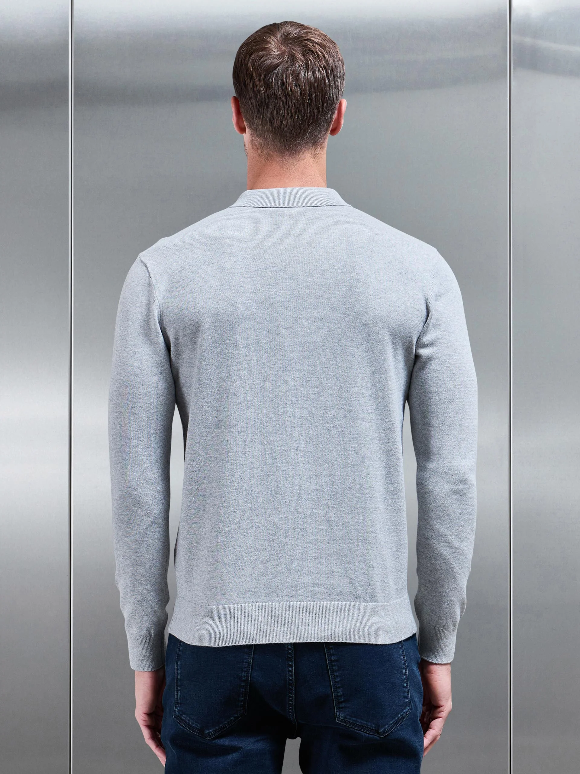 Cotton Knitted Long Sleeve Half Zip Polo Shirt in Marl Grey - Image 3