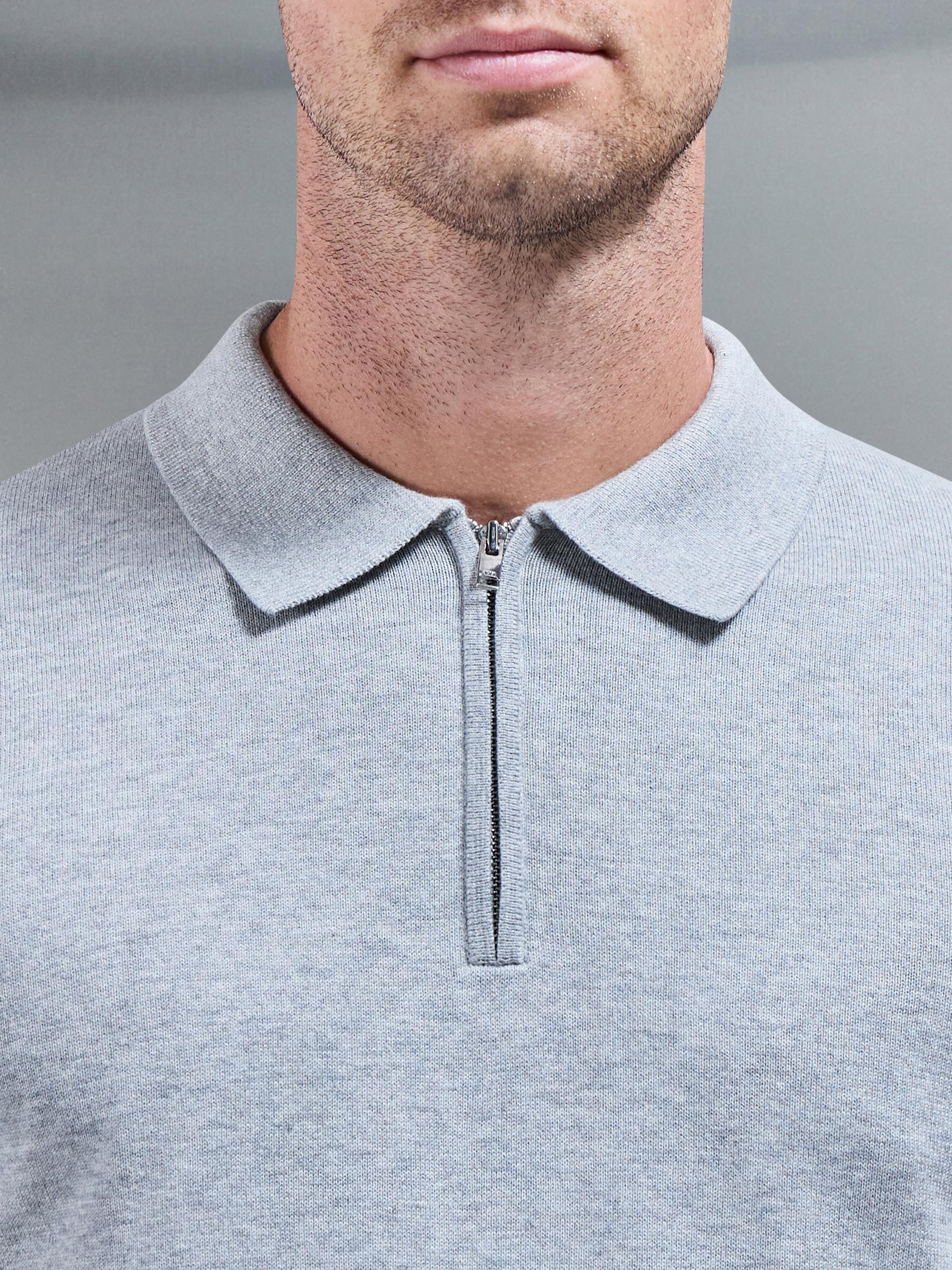 Cotton Knitted Long Sleeve Half Zip Polo Shirt in Marl Grey - Image 4
