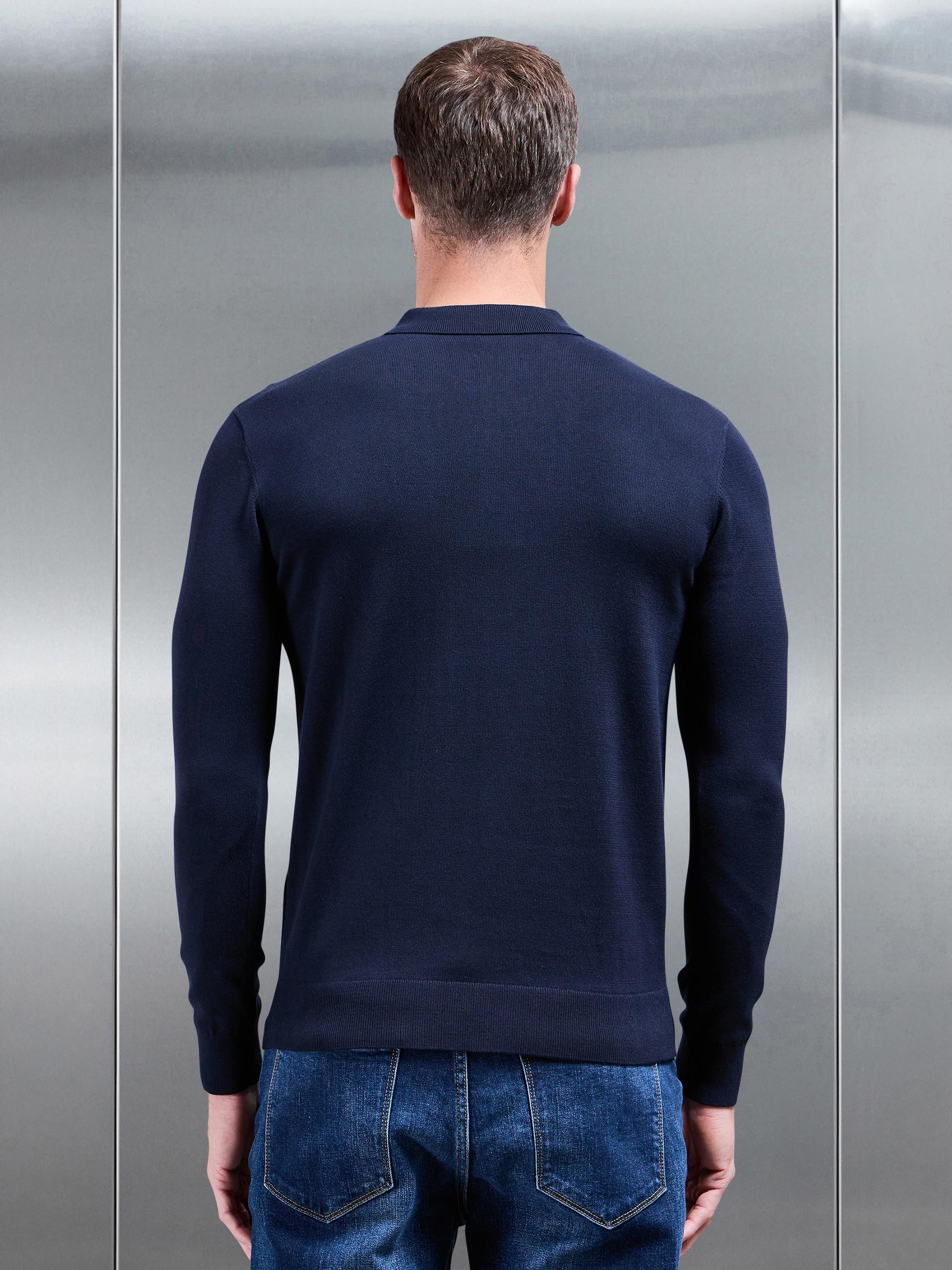 Cotton Knitted Long Sleeve Half Zip Polo Shirt in Navy - Image 3