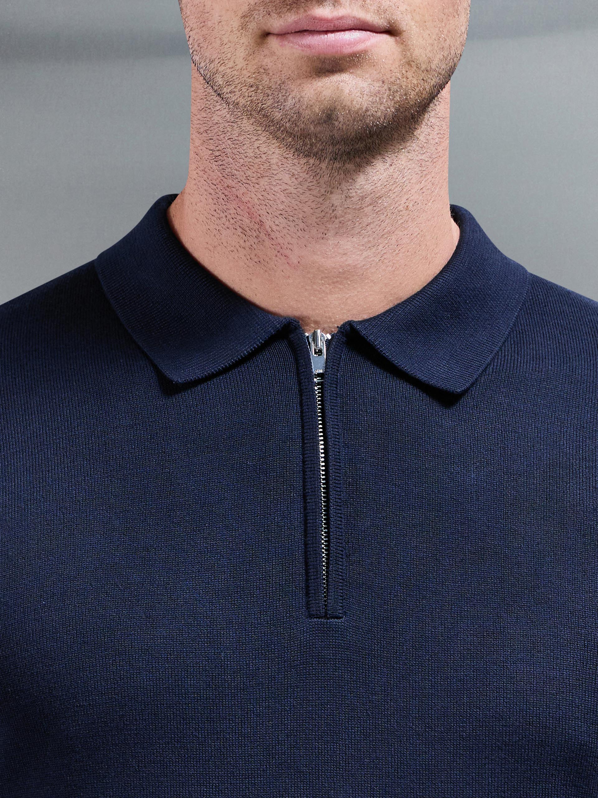Cotton Knitted Long Sleeve Half Zip Polo Shirt in Navy - Image 4