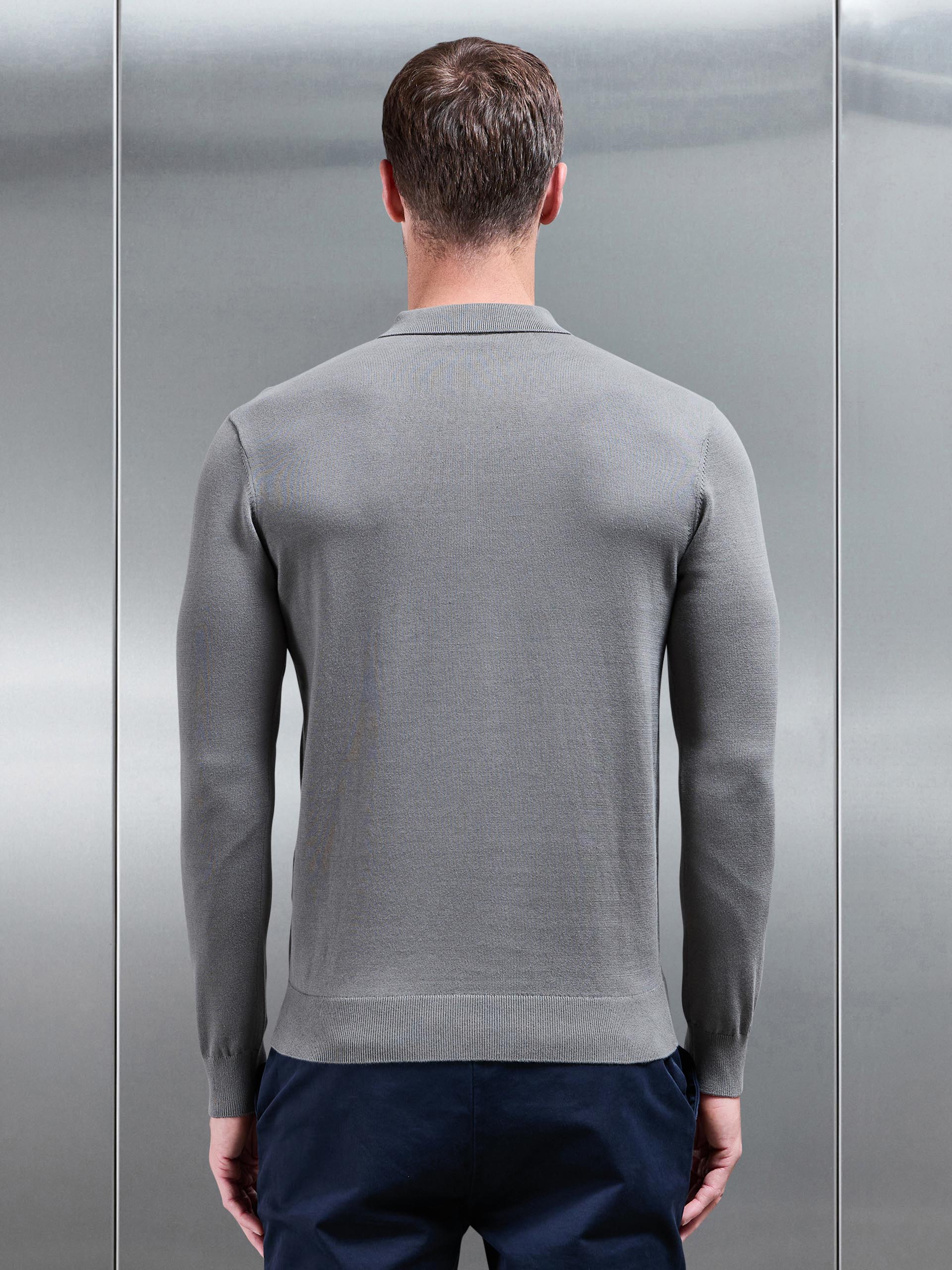 Cotton Knitted Long Sleeve Half Zip Polo Shirt in Sage - Image 3