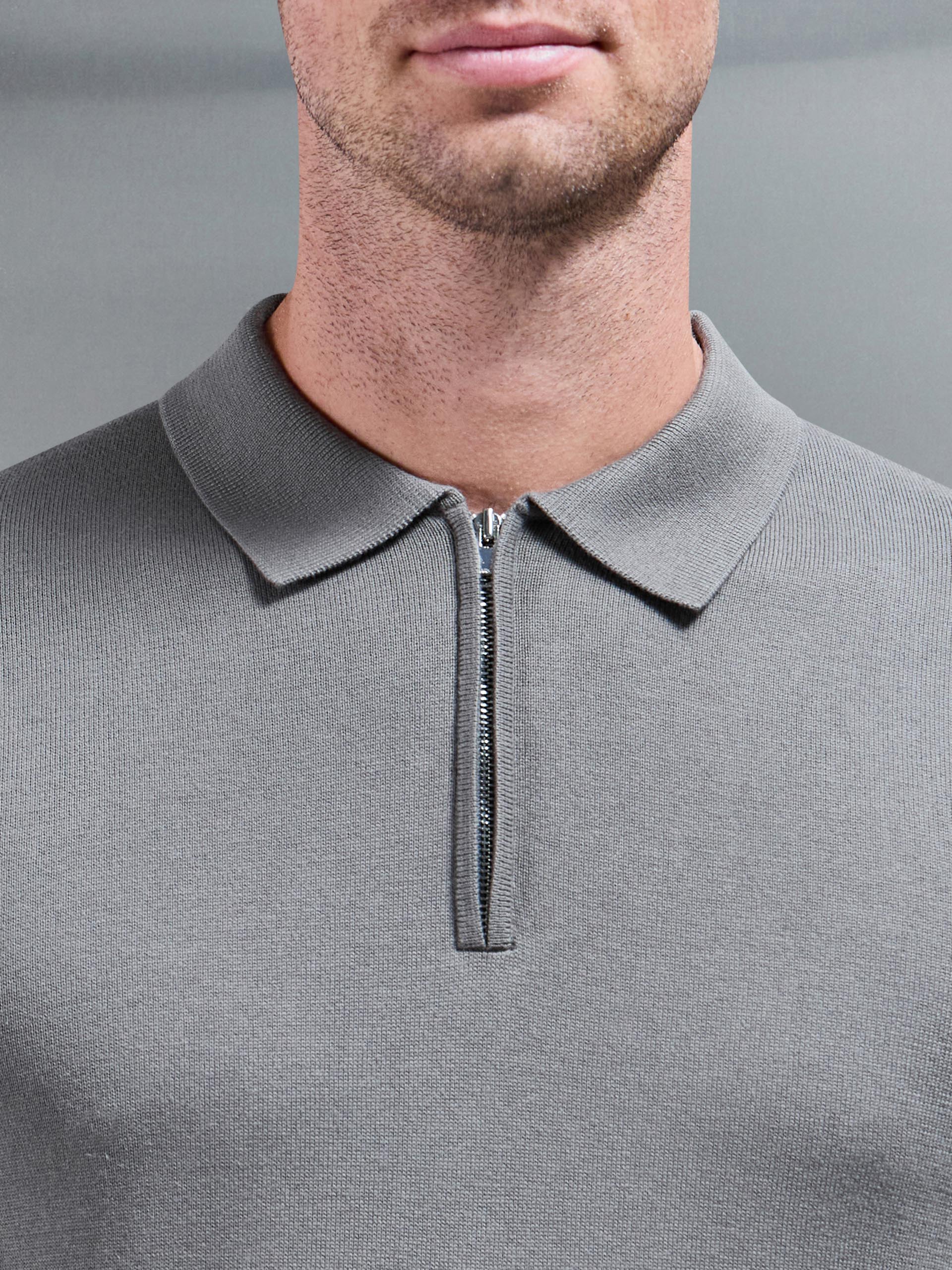Cotton Knitted Long Sleeve Half Zip Polo Shirt in Sage - Image 4