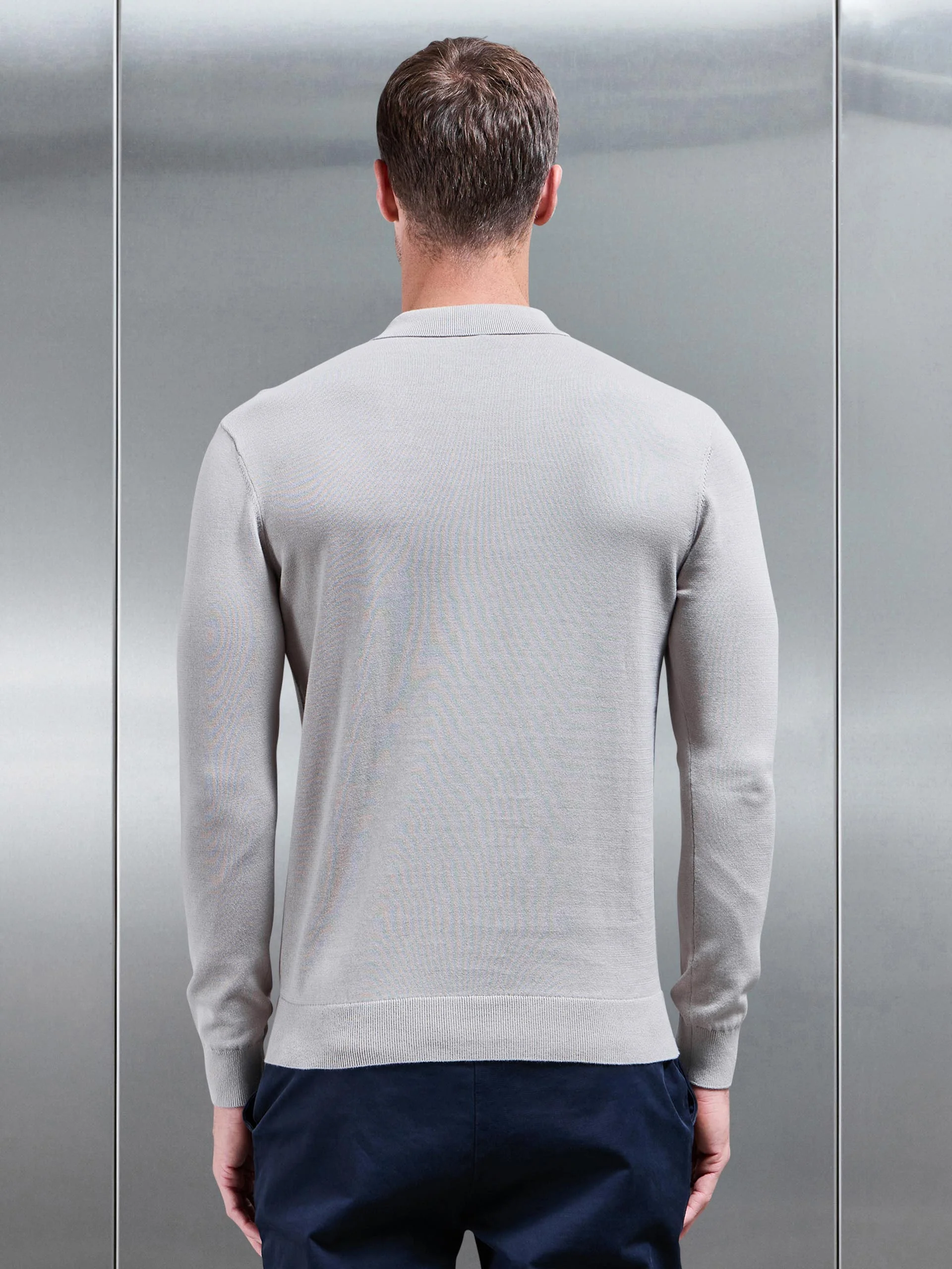 Cotton Knitted Long Sleeve Half Zip Polo Shirt in Stone - Image 3
