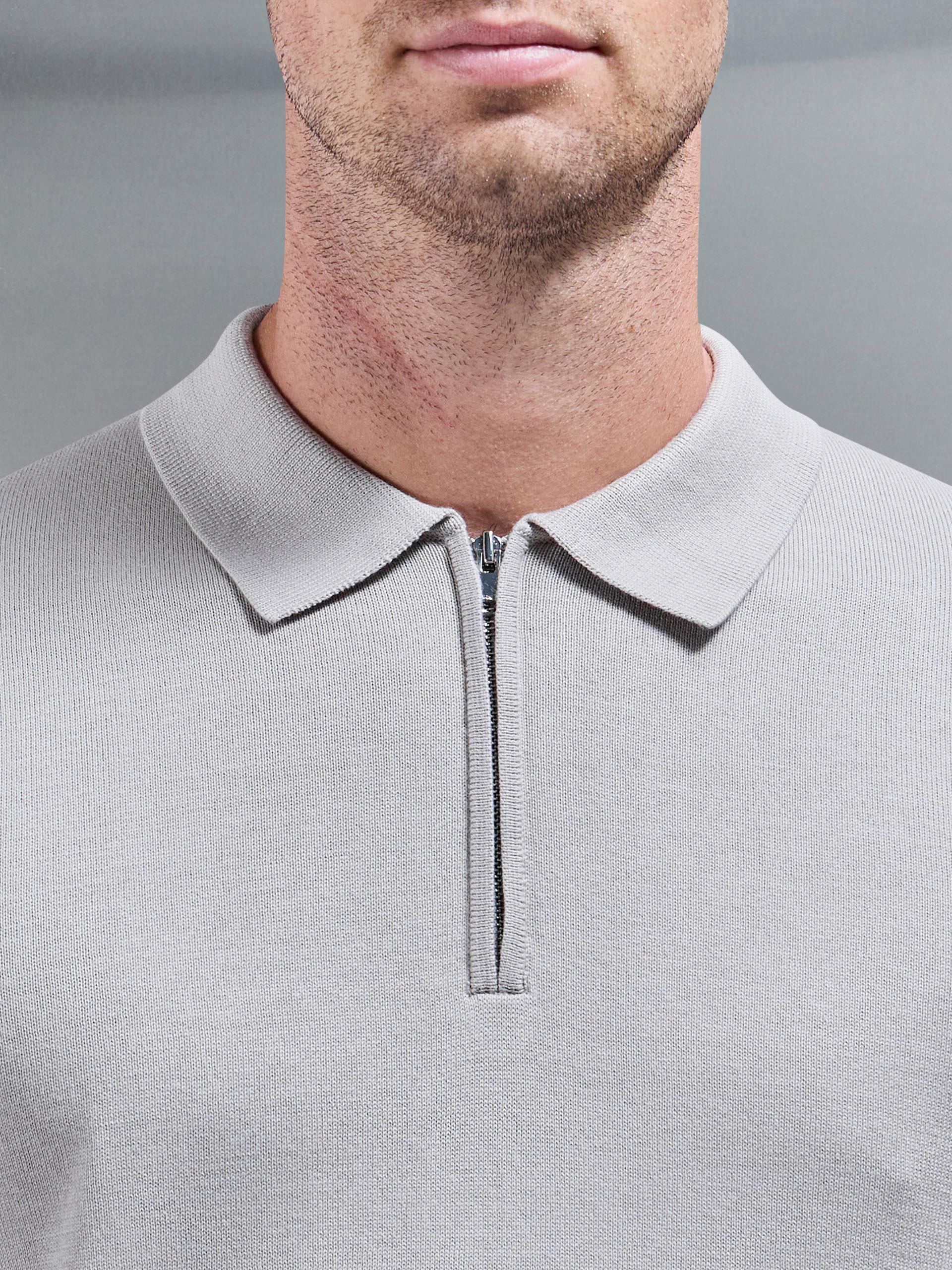 Cotton Knitted Long Sleeve Half Zip Polo Shirt in Stone - Image 4