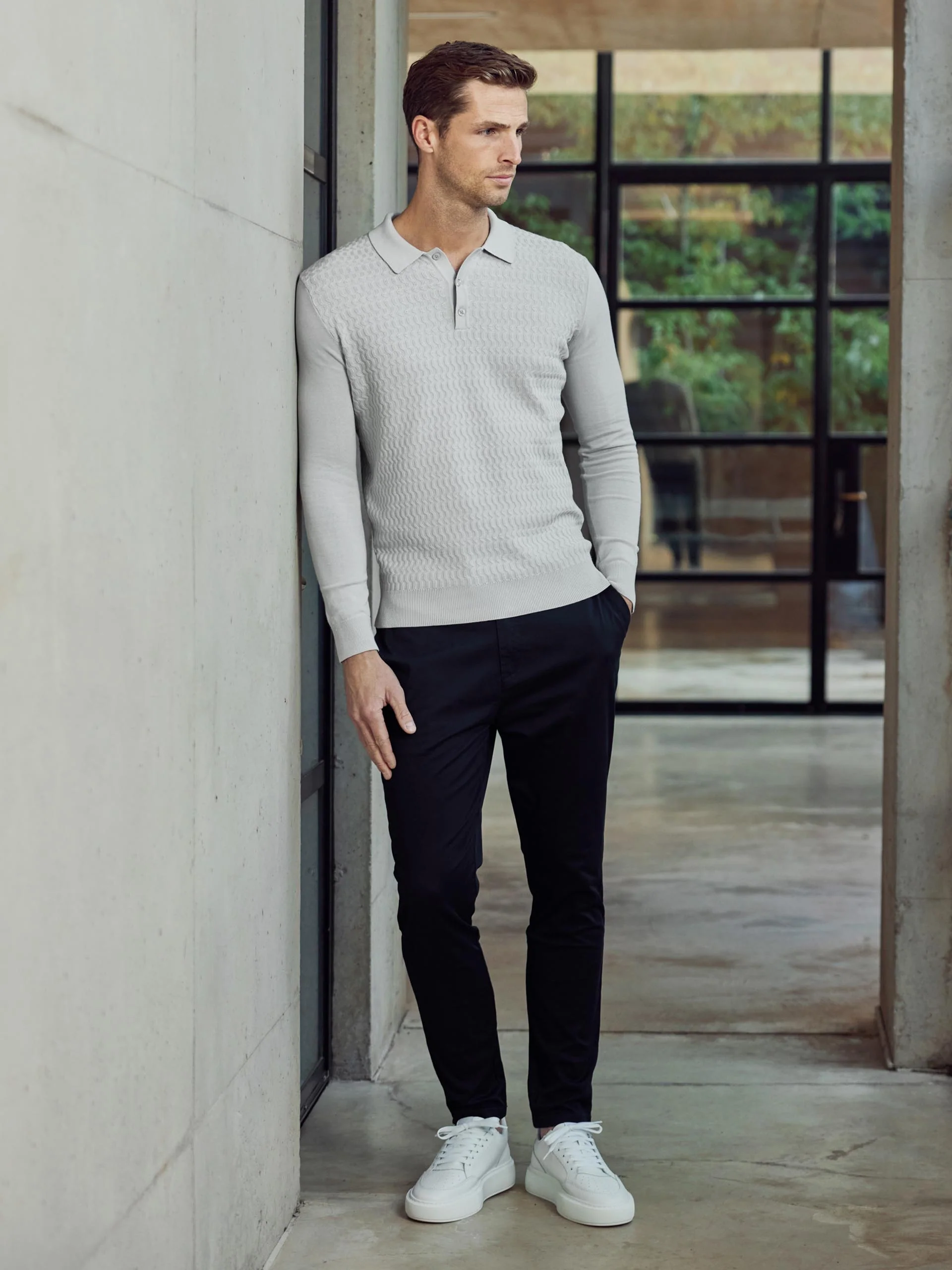 Cotton Knitted Long Sleeve Textured Polo Shirt in Mid Grey - Image 2