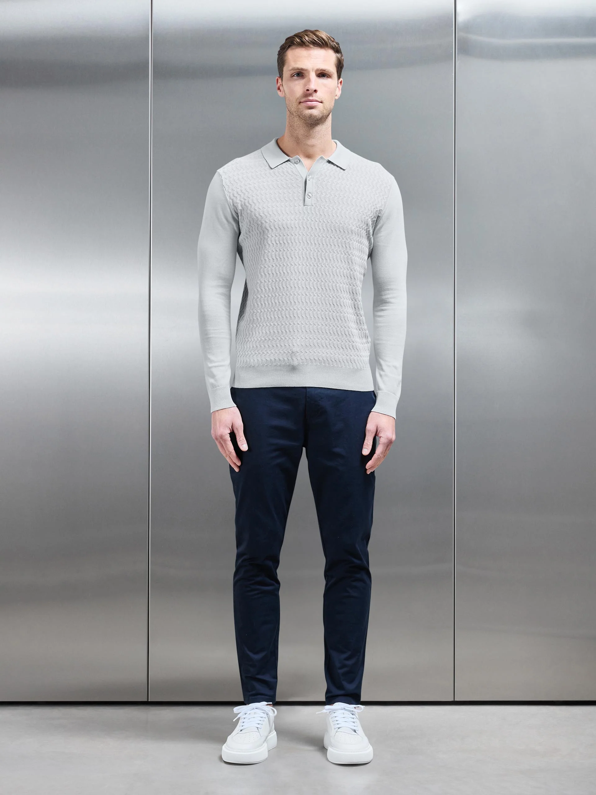 Cotton Knitted Long Sleeve Textured Polo Shirt in Mid Grey - Image 3