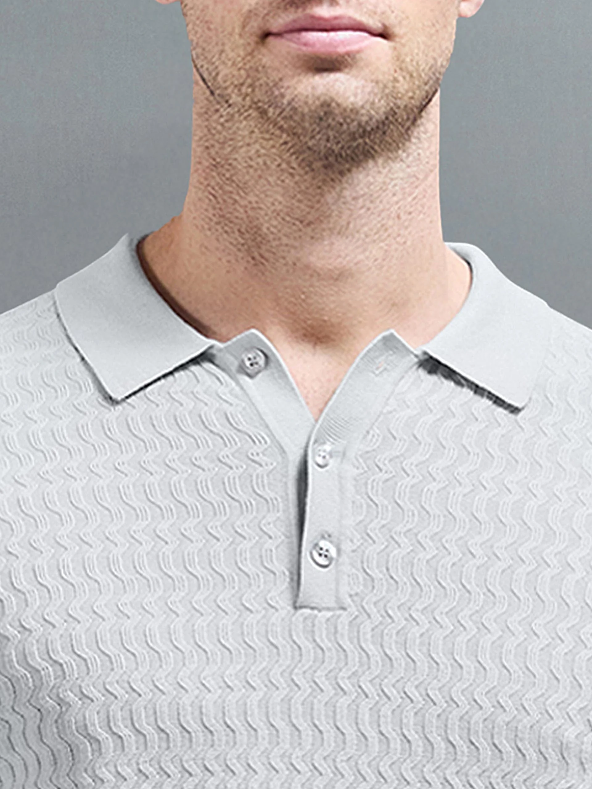 Cotton Knitted Long Sleeve Textured Polo Shirt in Mid Grey - Image 4