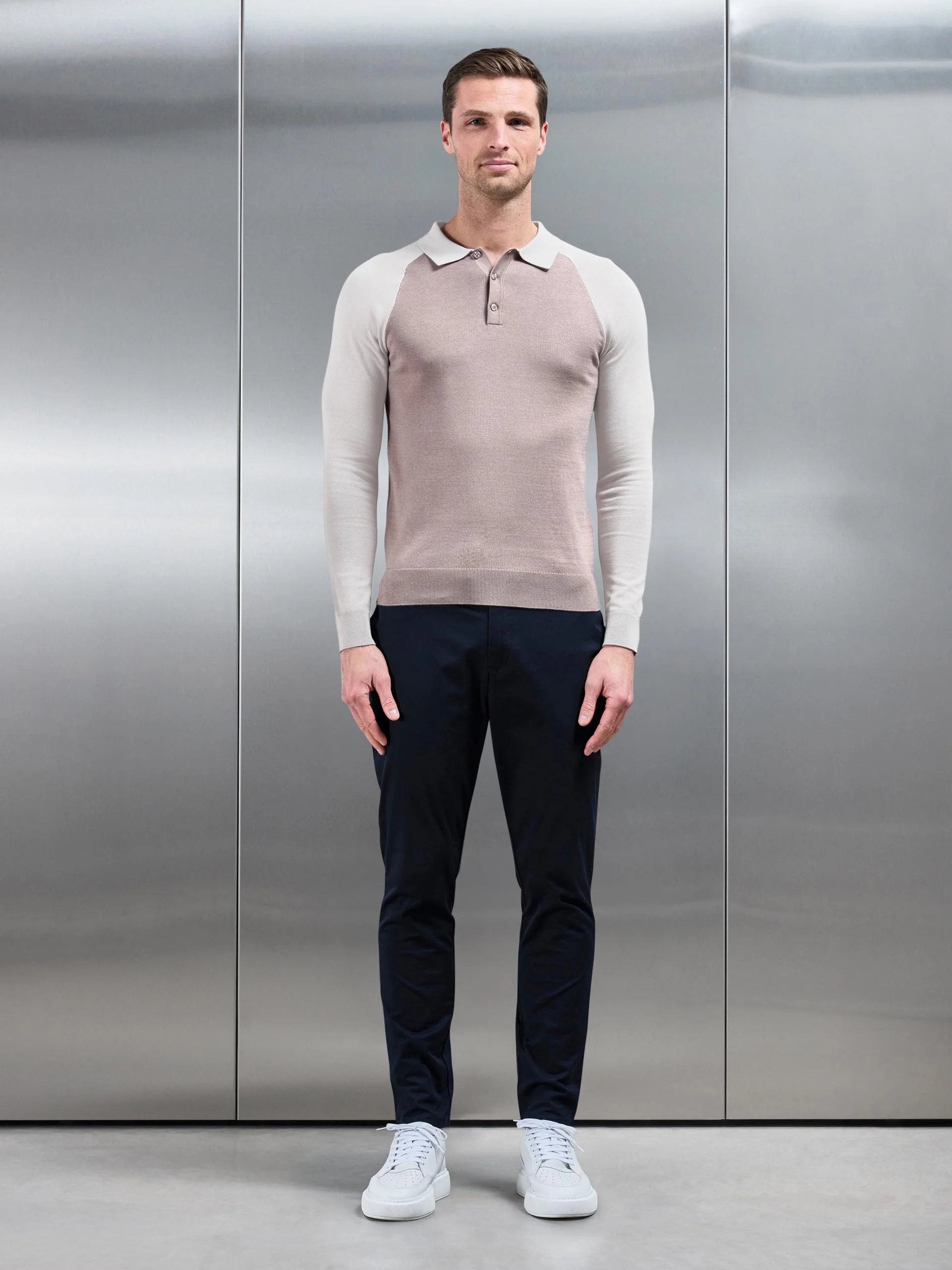 Cotton Knitted Raglan Polo Shirt in Stone - Image 2
