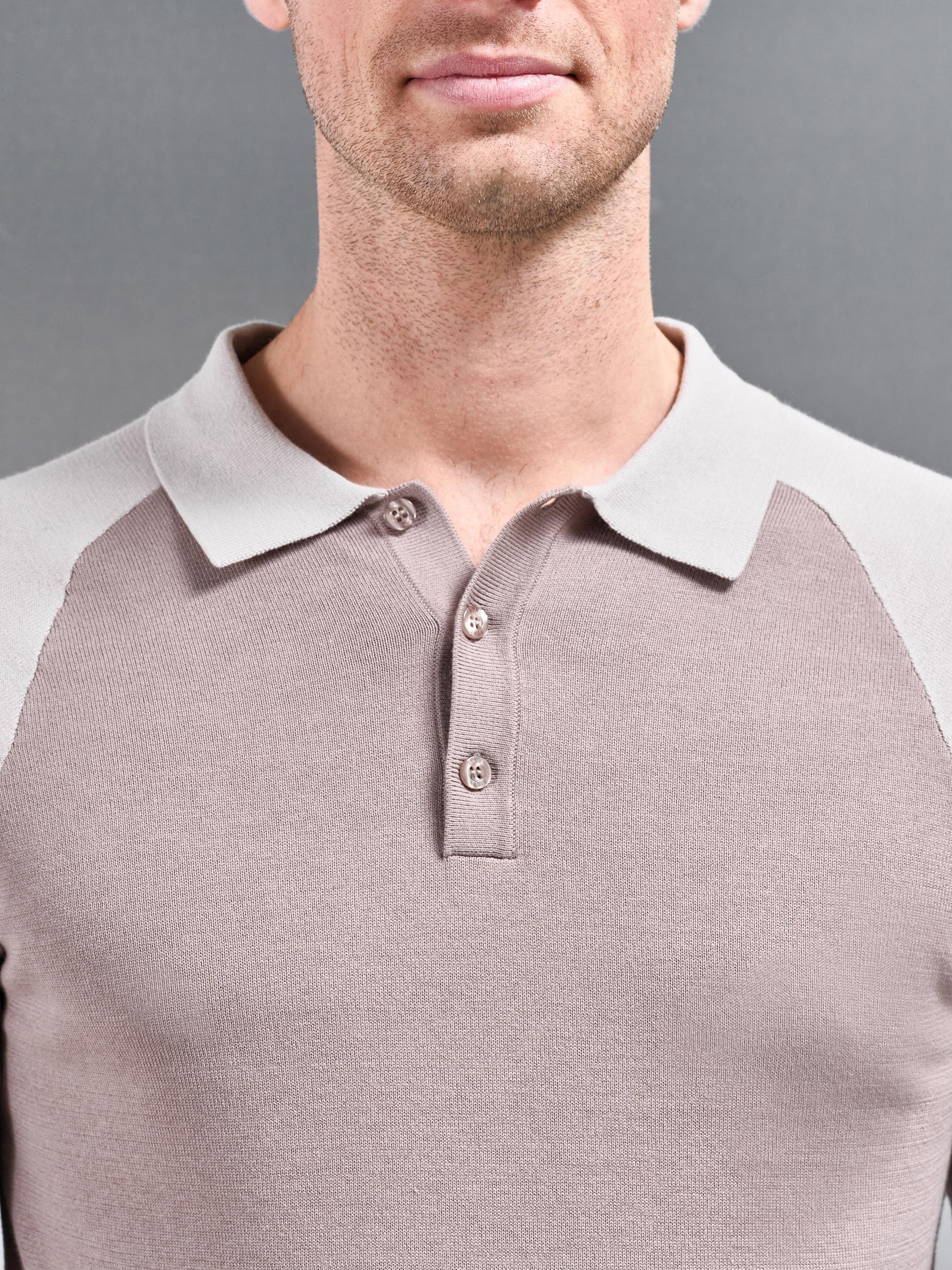Cotton Knitted Raglan Polo Shirt in Stone - Image 3