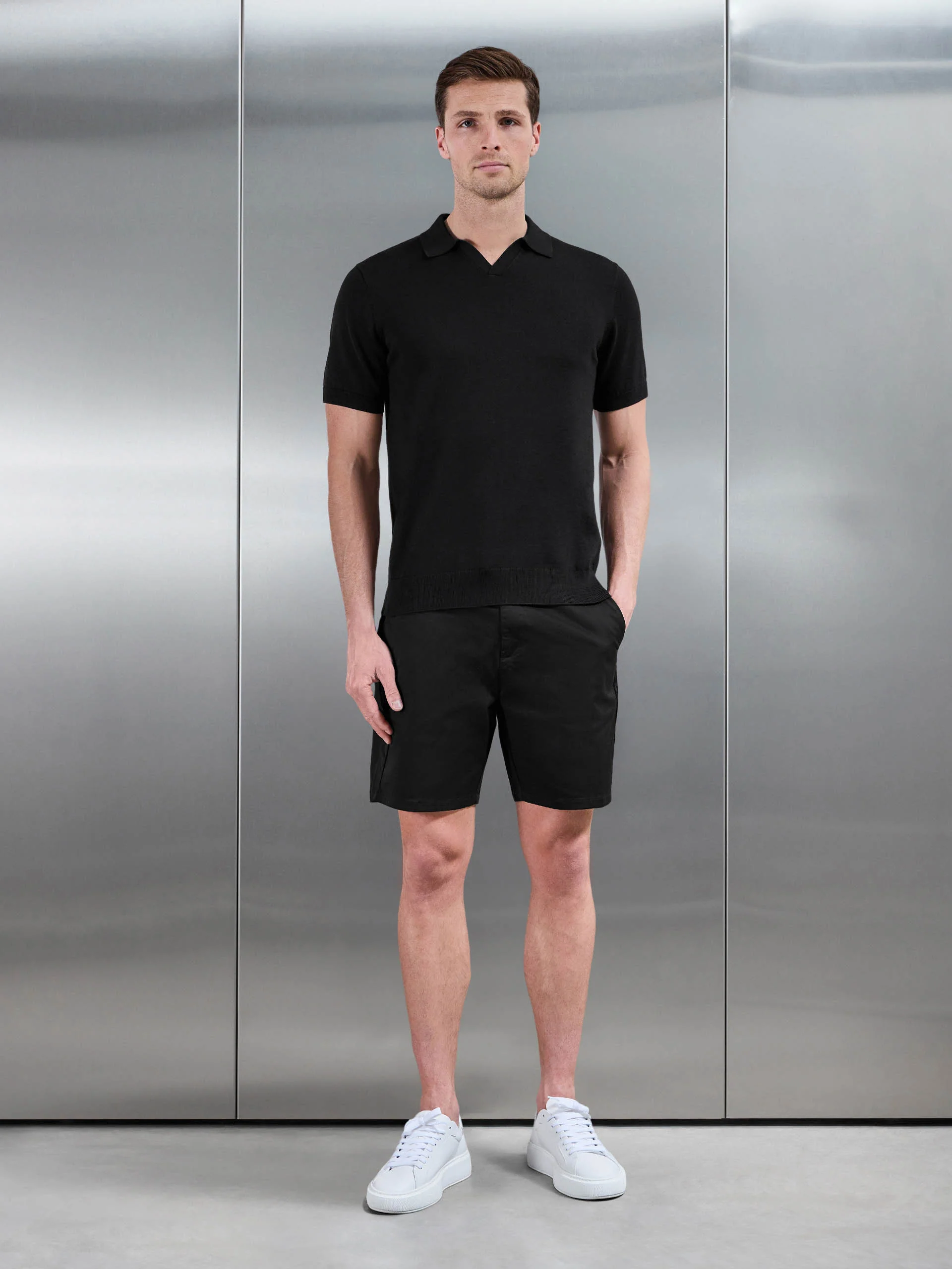 Cotton Knitted Revere Collar Polo Shirt in Black - Image 2