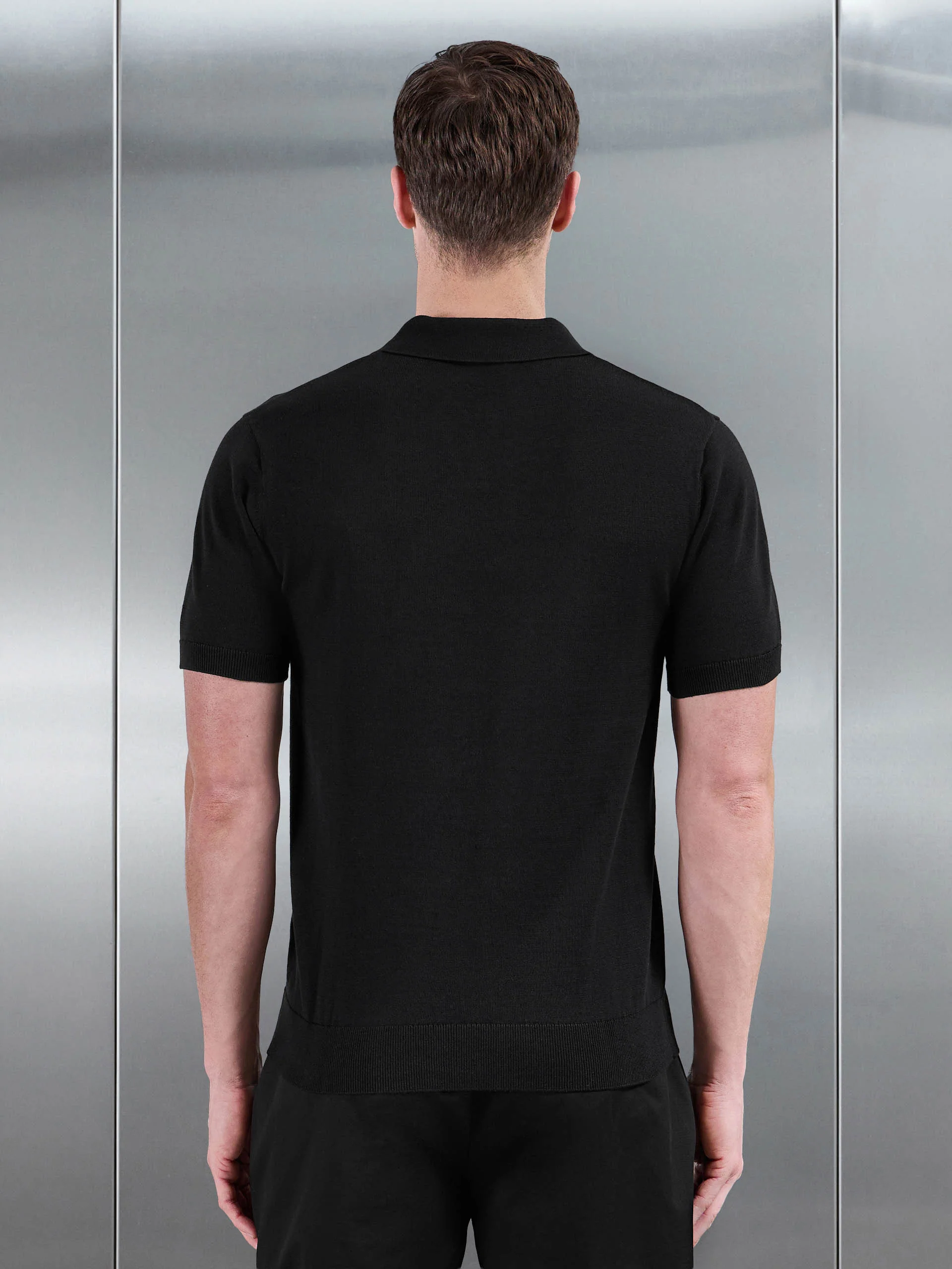 Cotton Knitted Revere Collar Polo Shirt in Black - Image 3