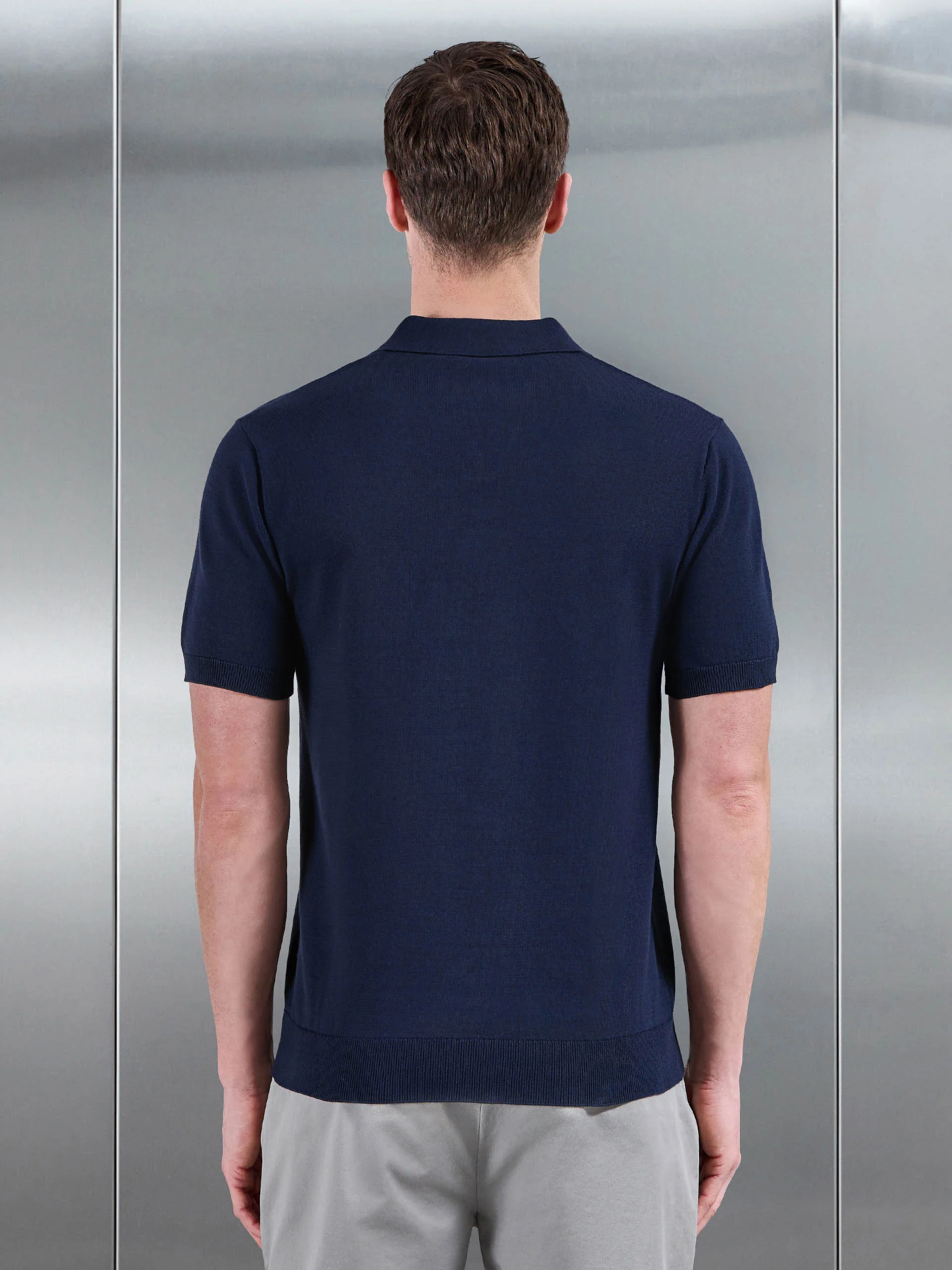 Cotton Knitted Revere Collar Polo Shirt in Navy - Image 3