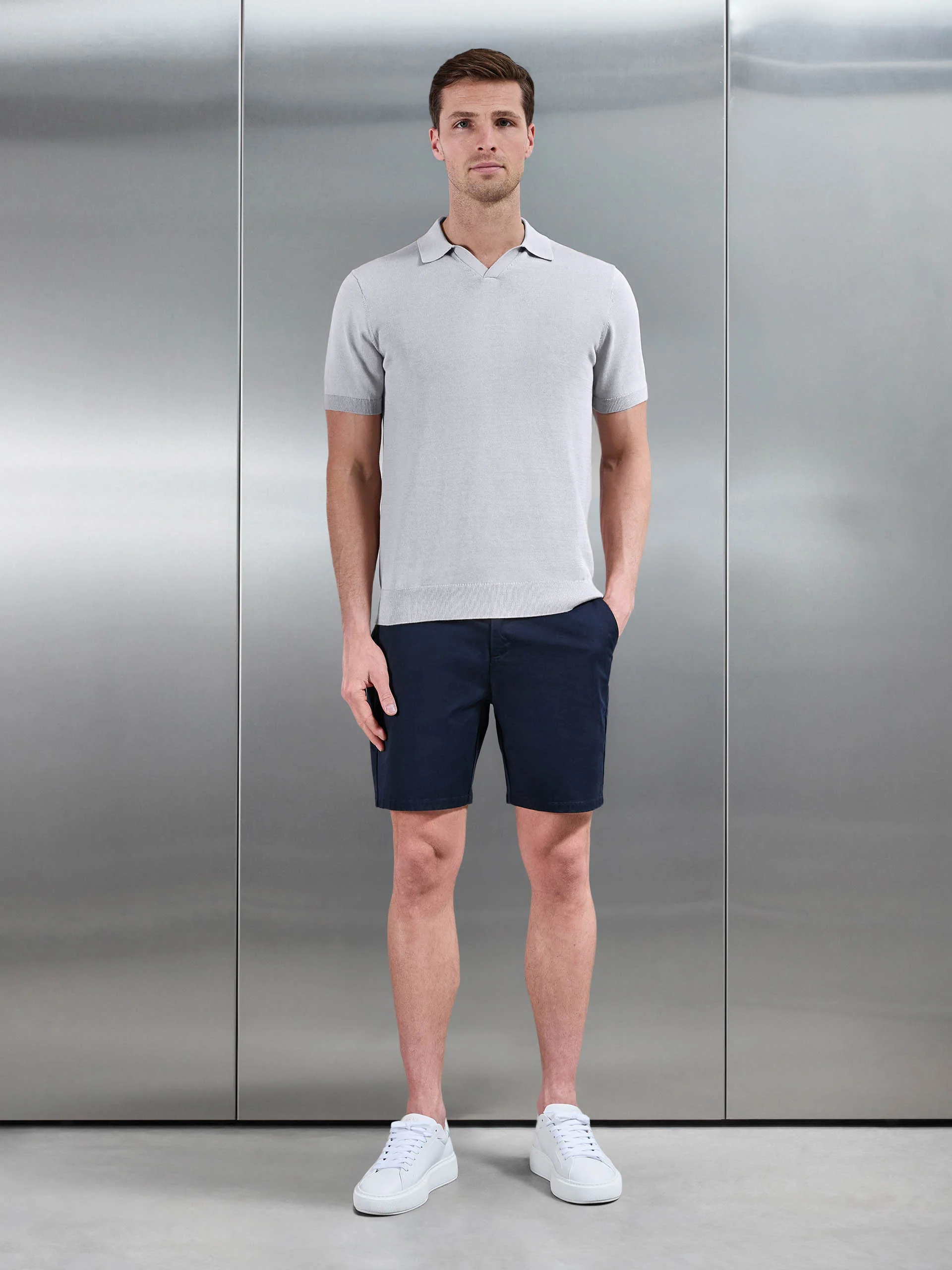 Cotton Knitted Revere Collar Polo Shirt in Stone - Image 2