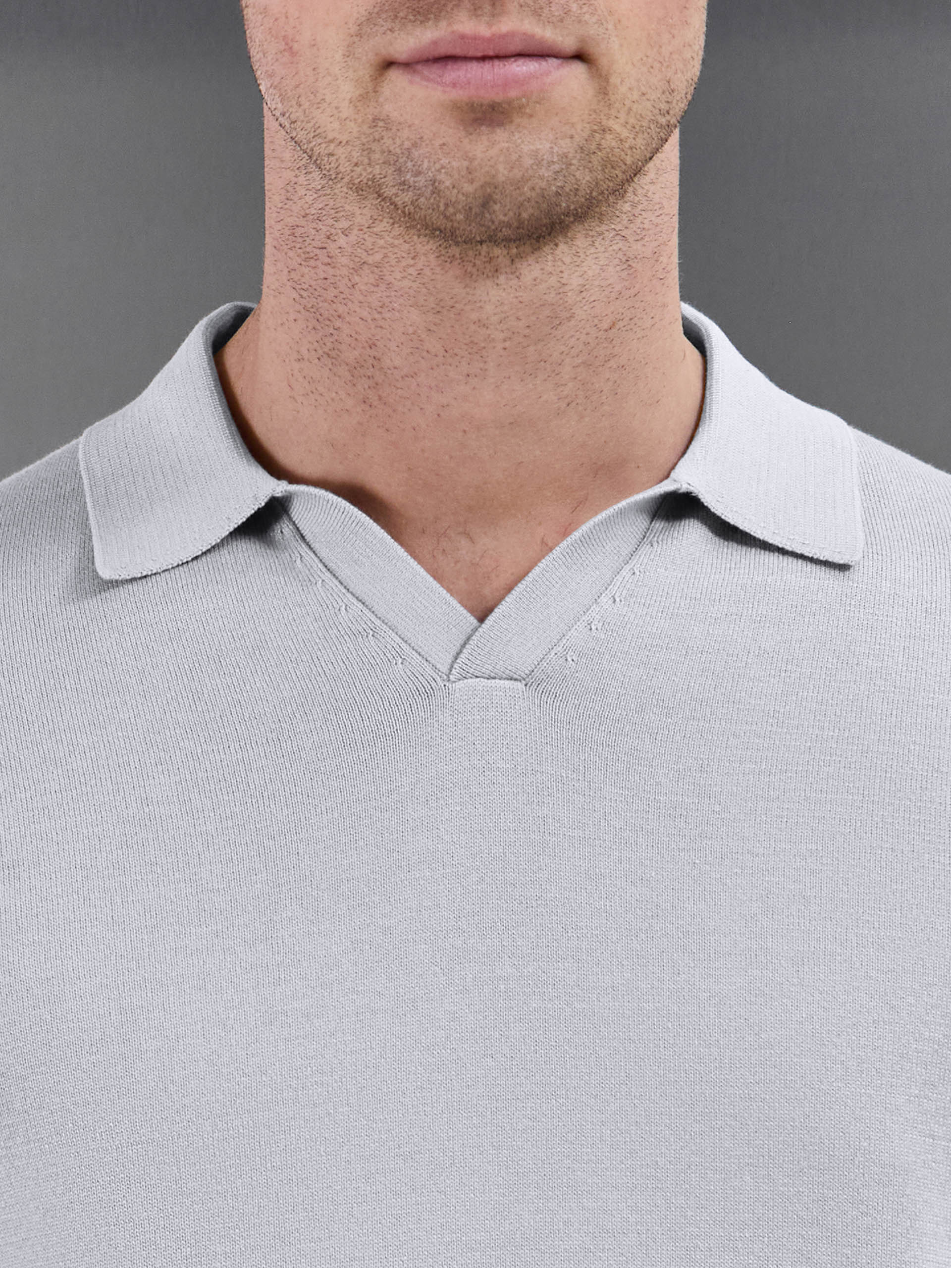 Cotton Knitted Revere Collar Polo Shirt in Stone - Image 4