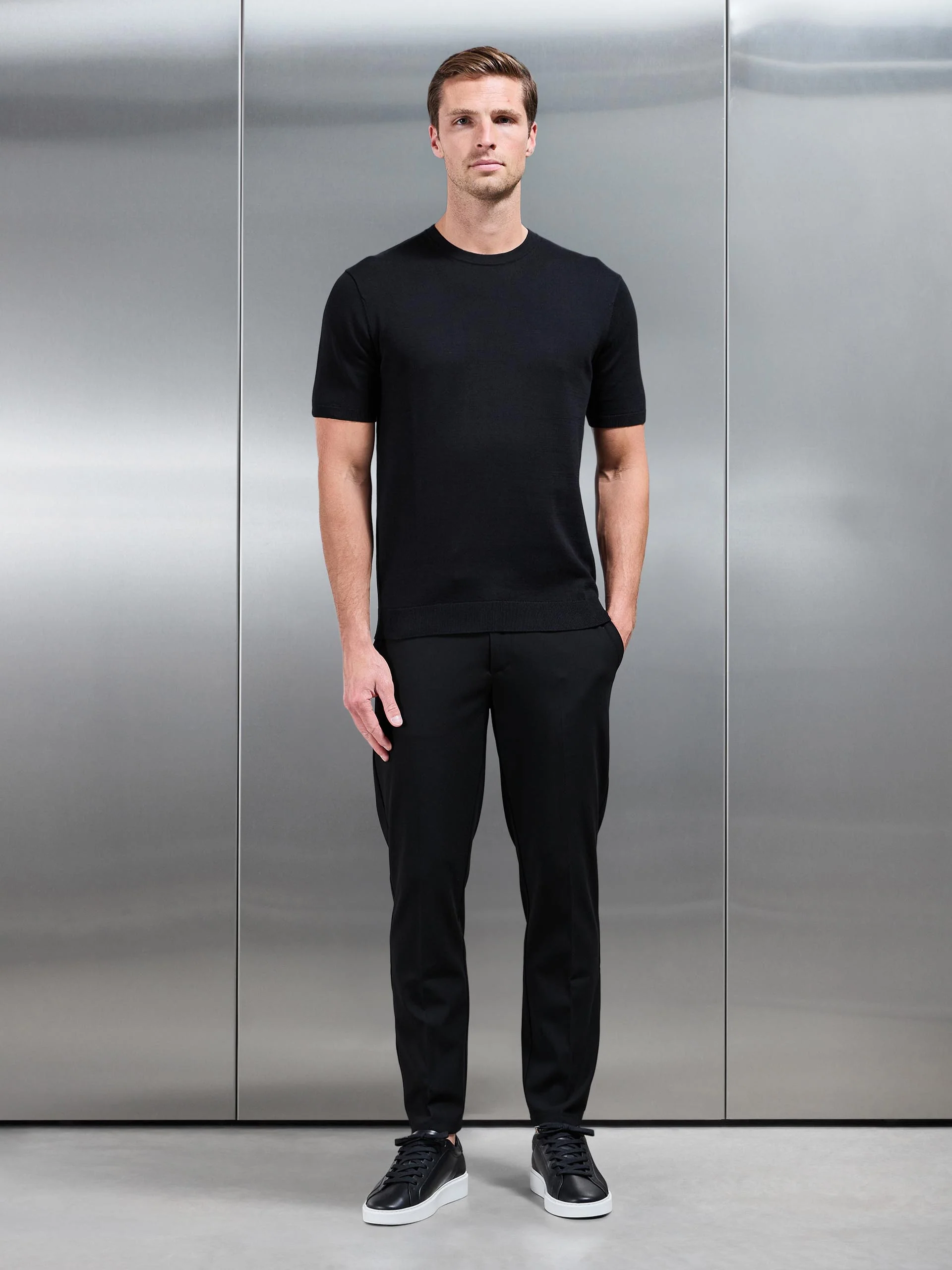 Cotton Knitted T-Shirt in Black - Image 2