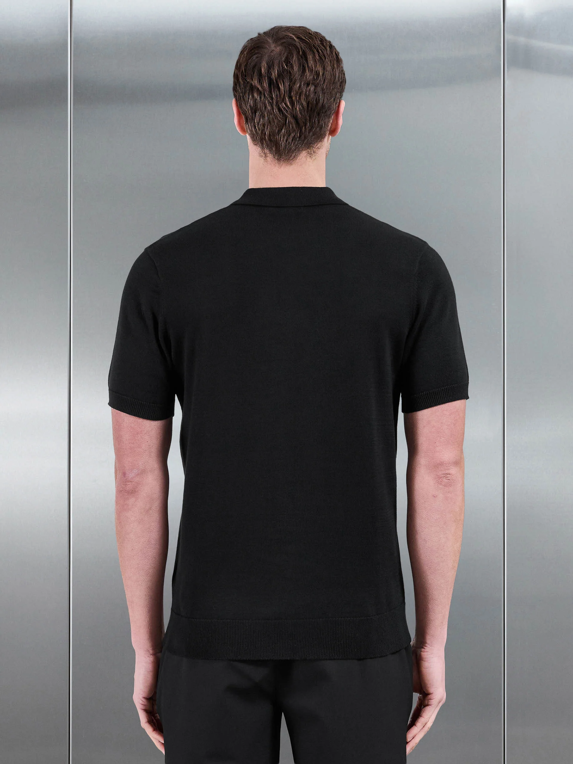 Cotton Knitted Zip Polo Shirt in Black - Image 3