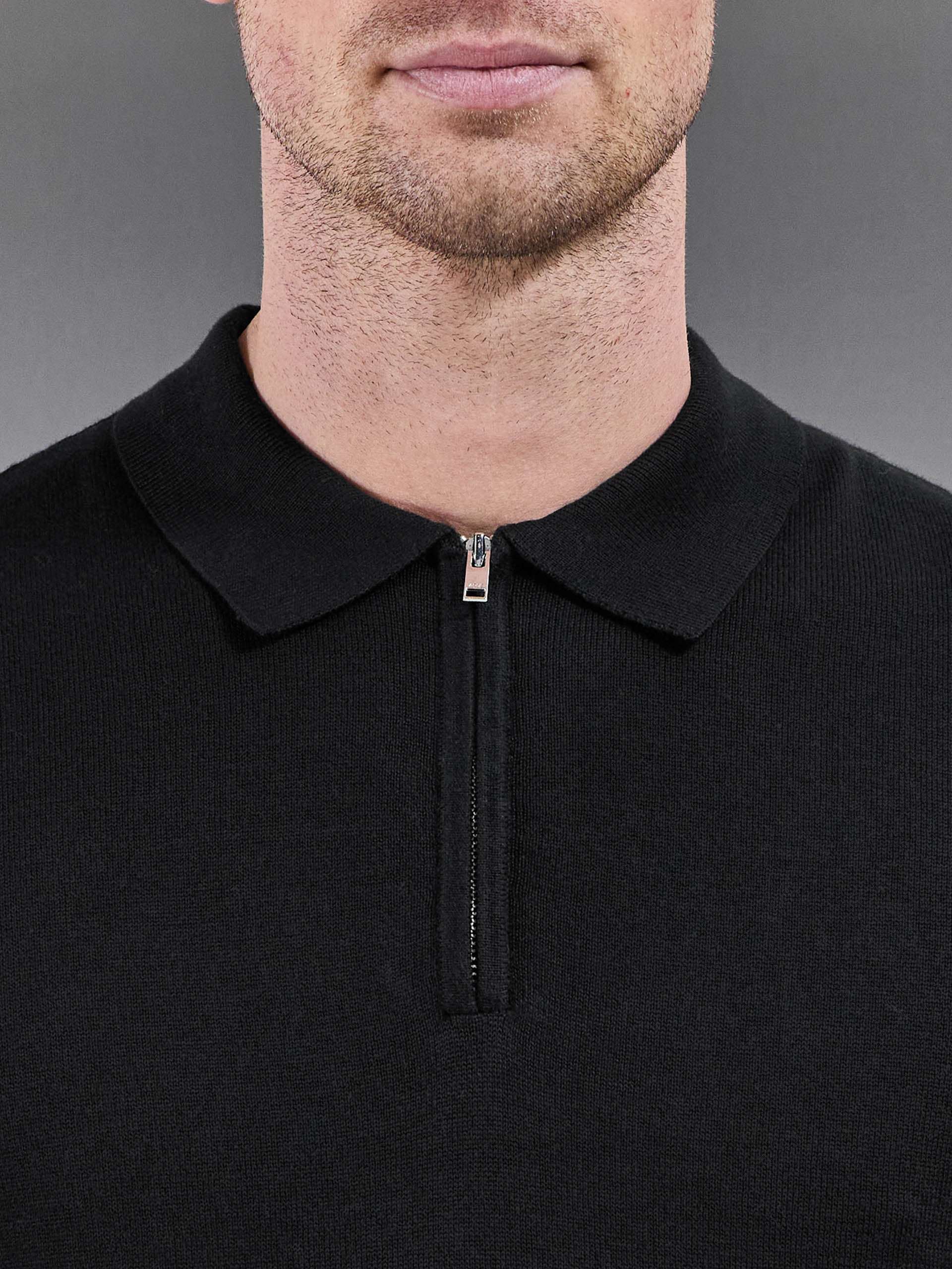 Cotton Knitted Zip Polo Shirt in Black - Image 4