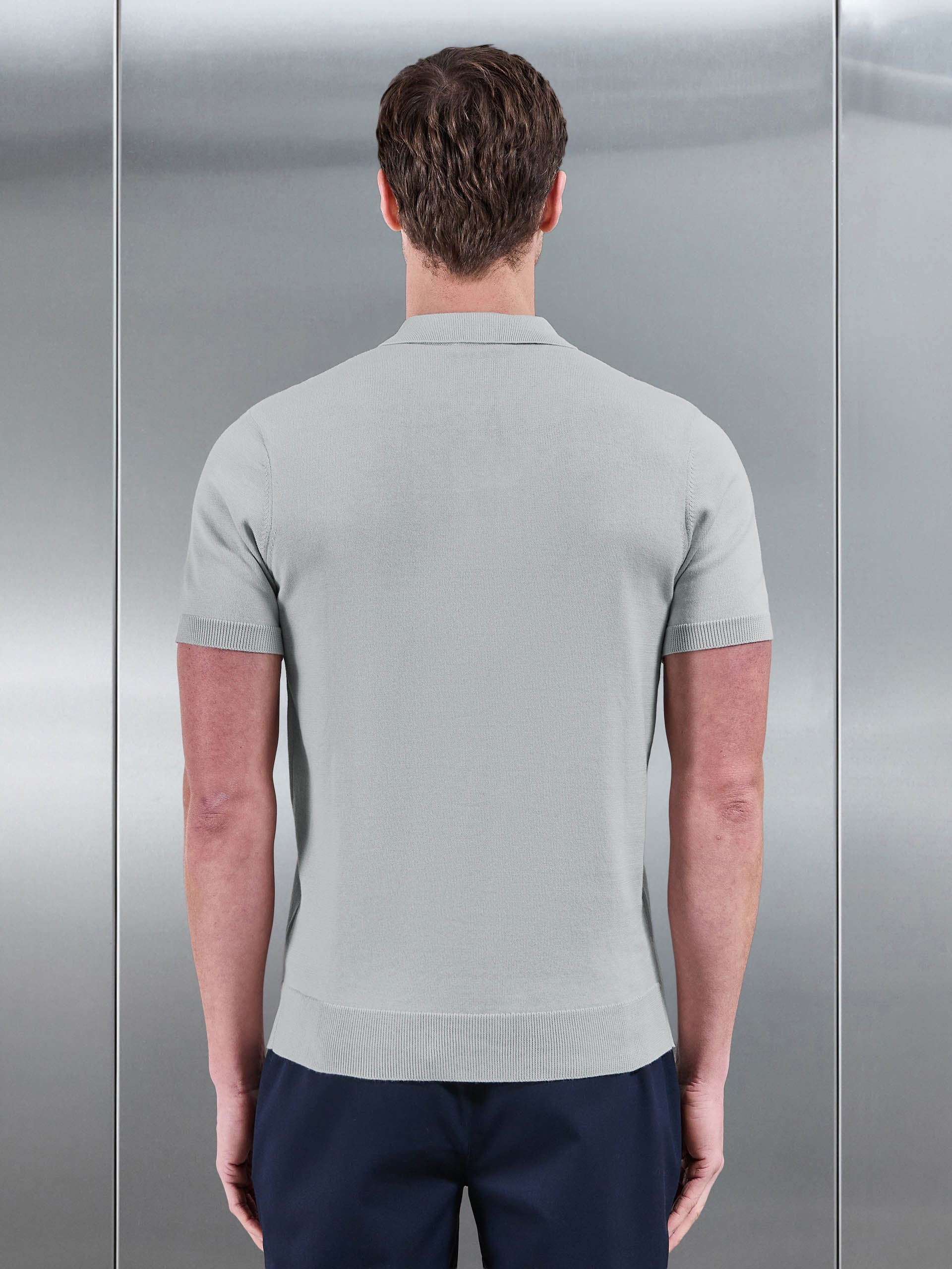 Cotton Knitted Zip Polo Shirt in Mid Grey - Image 3