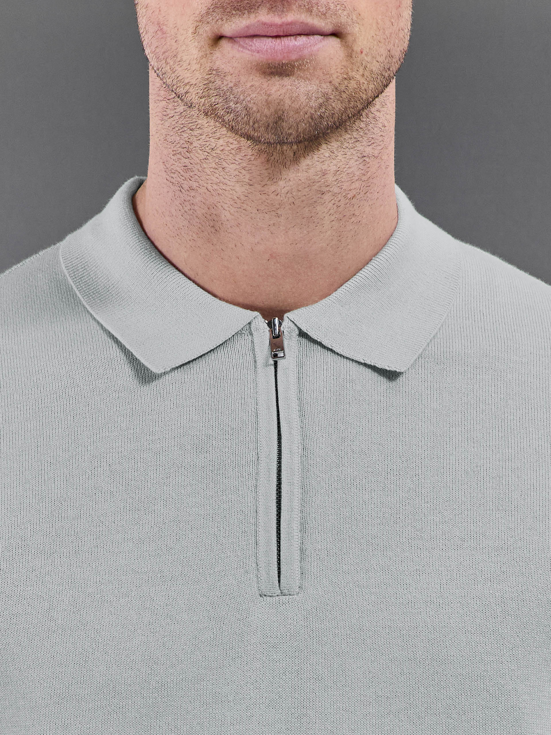 Cotton Knitted Zip Polo Shirt in Mid Grey - Image 4