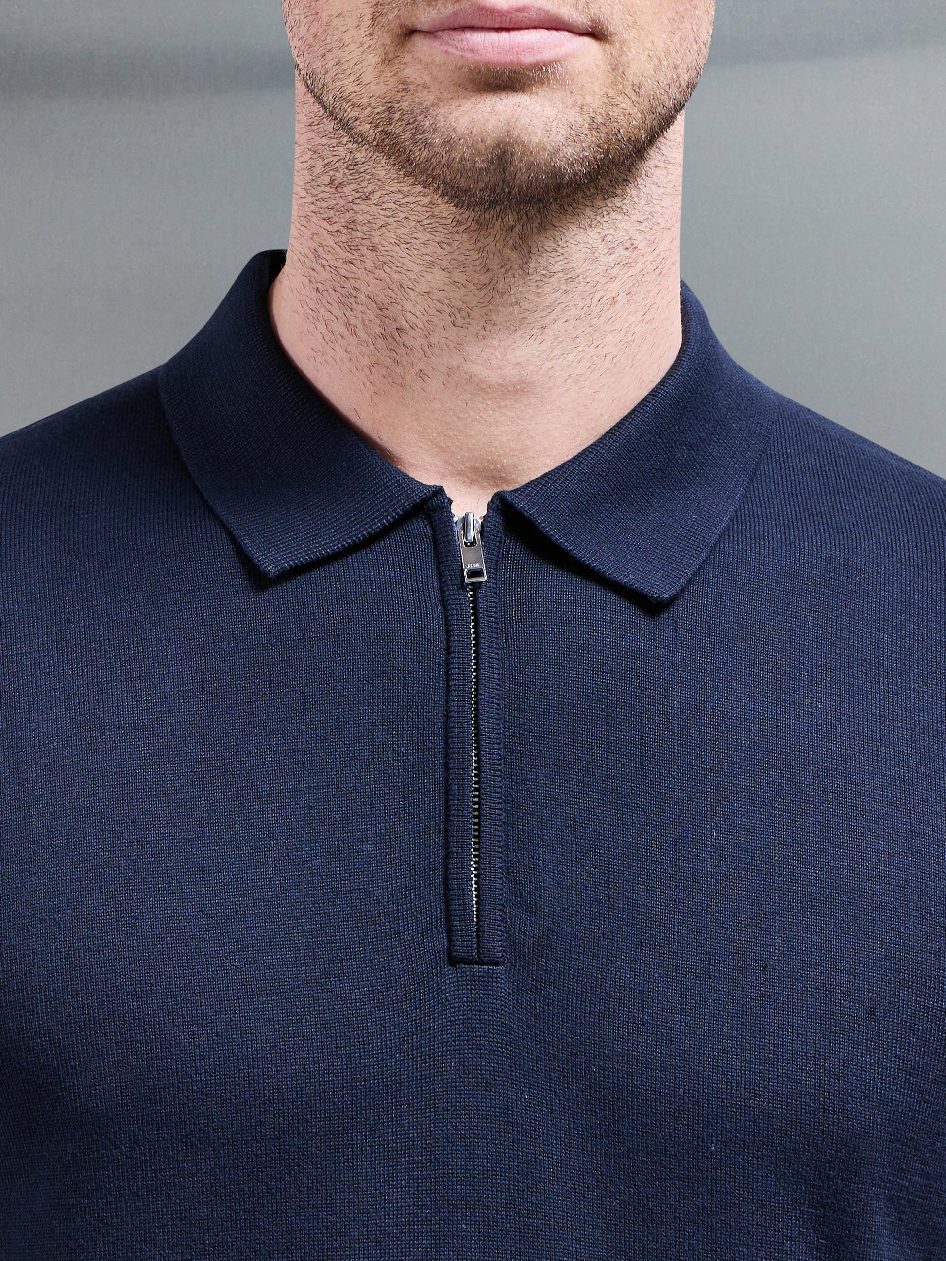 Cotton Knitted Zip Polo Shirt in Navy - Image 3