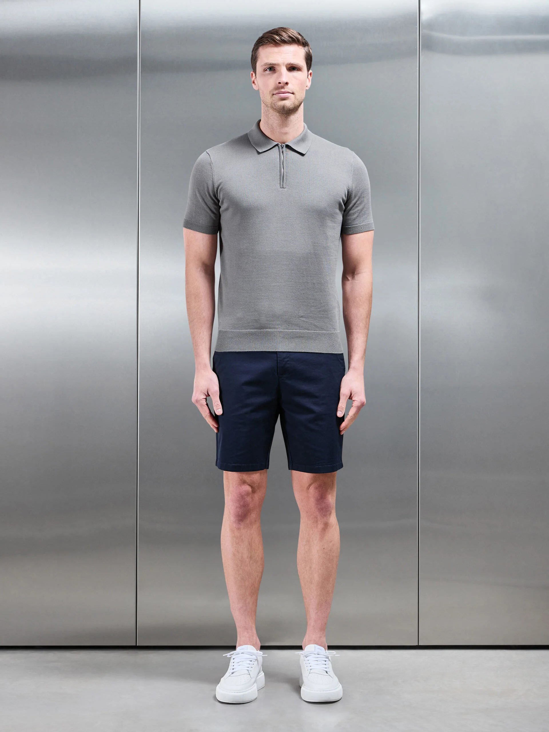 Cotton Knitted Zip Polo Shirt in Sage - Image 2