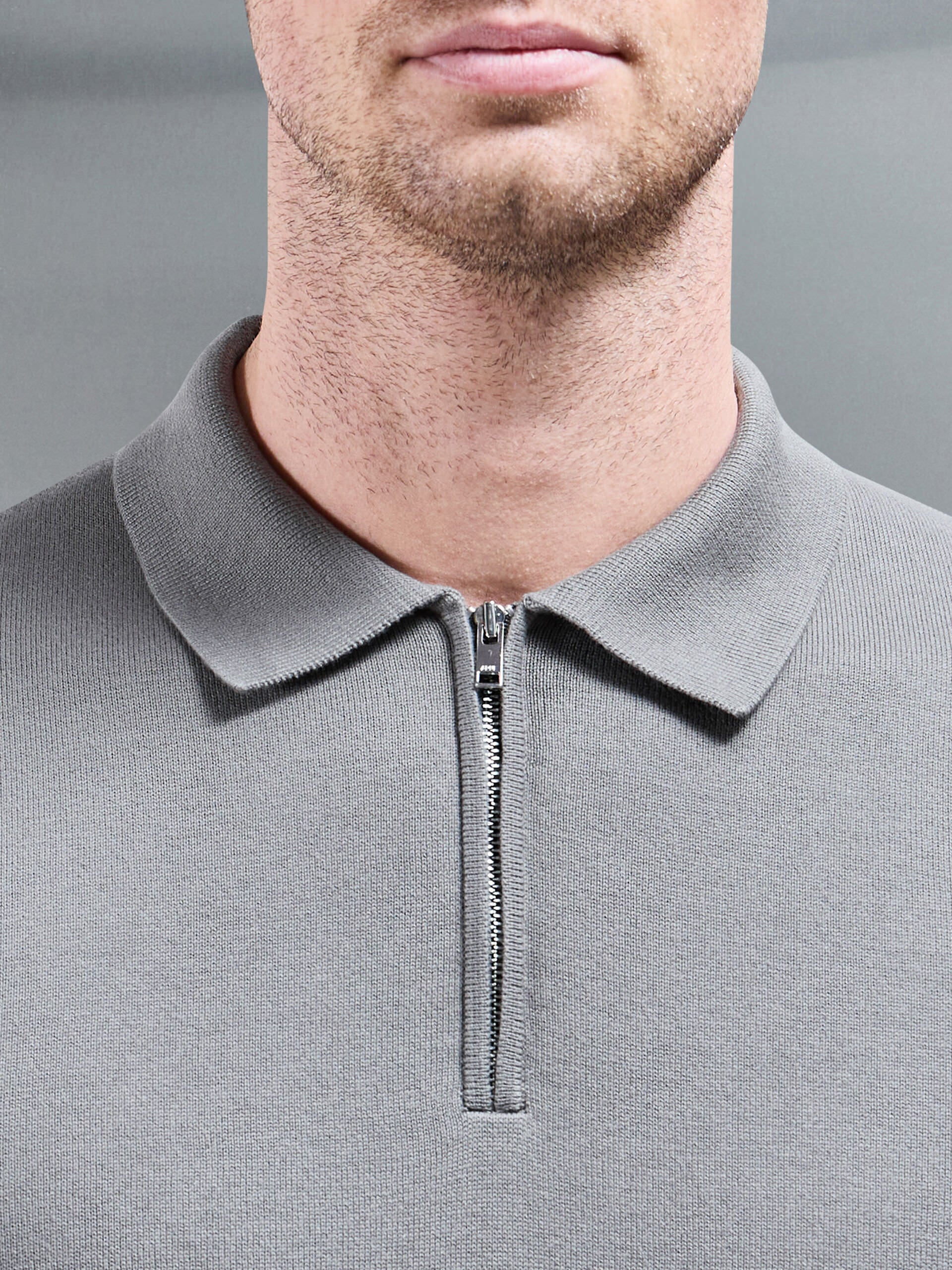 Cotton Knitted Zip Polo Shirt in Sage - Image 3