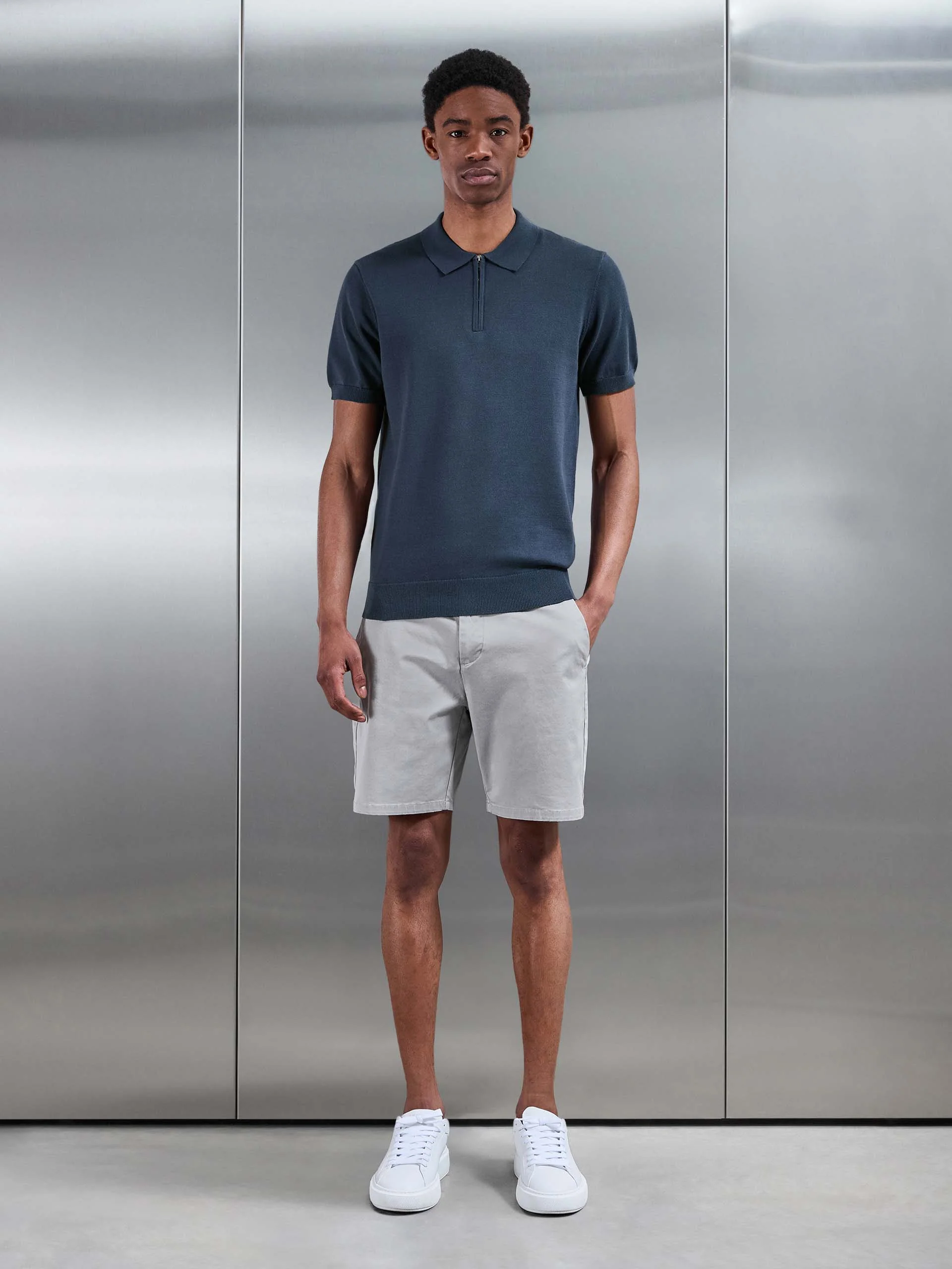 Cotton Knitted Zip Polo Shirt in Steel Blue - Image 2