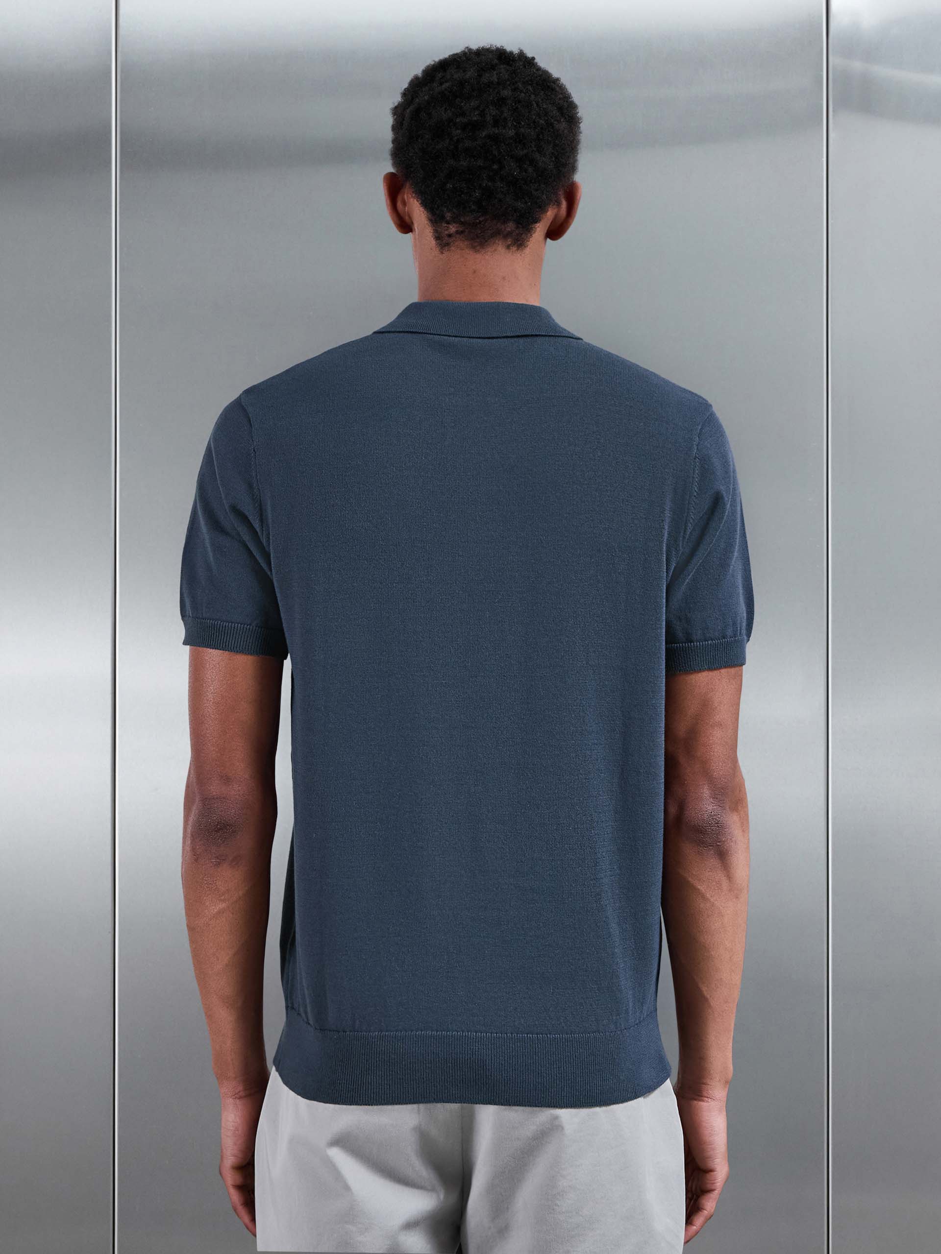 Cotton Knitted Zip Polo Shirt in Steel Blue - Image 3