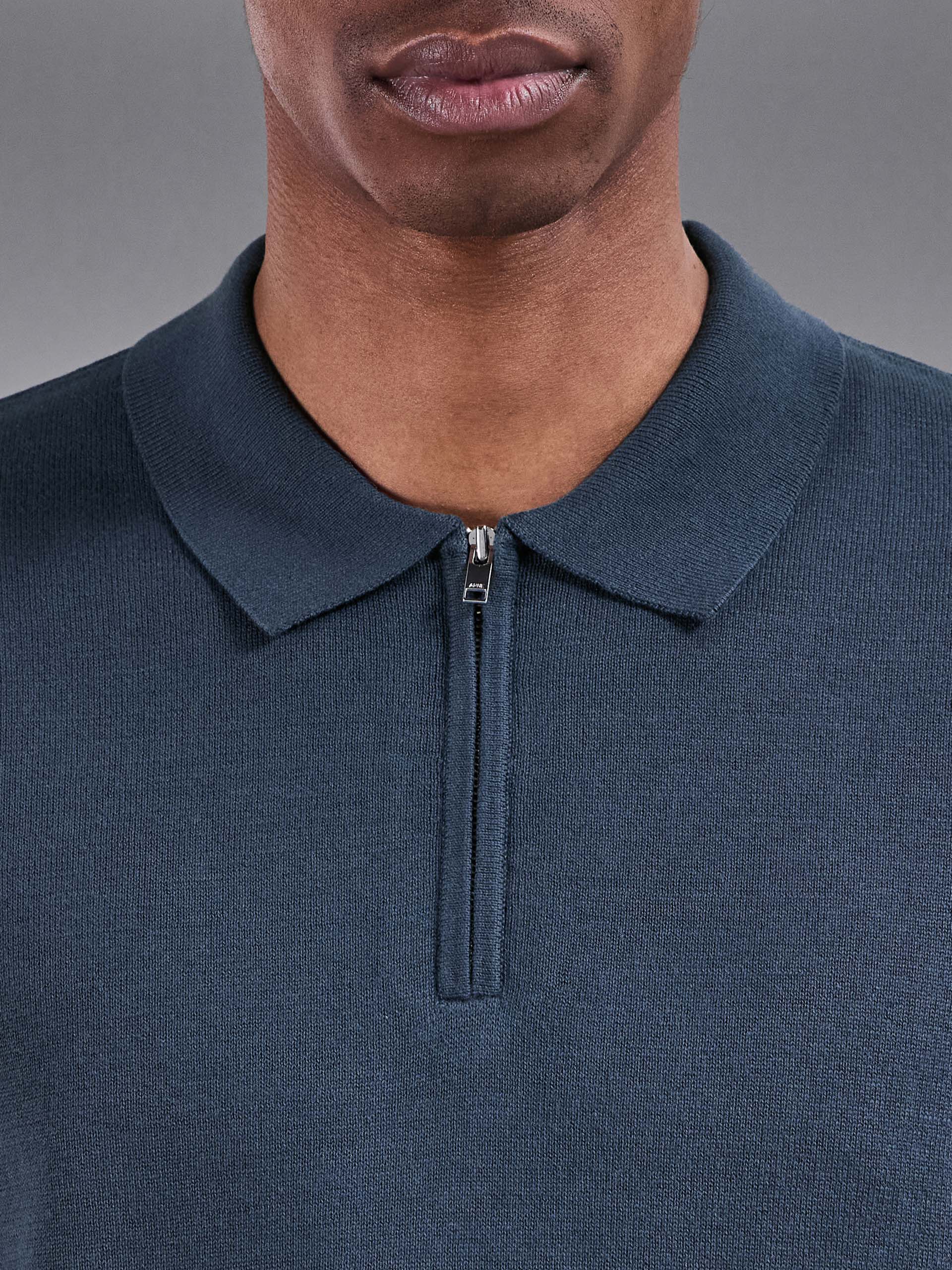 Cotton Knitted Zip Polo Shirt in Steel Blue - Image 4