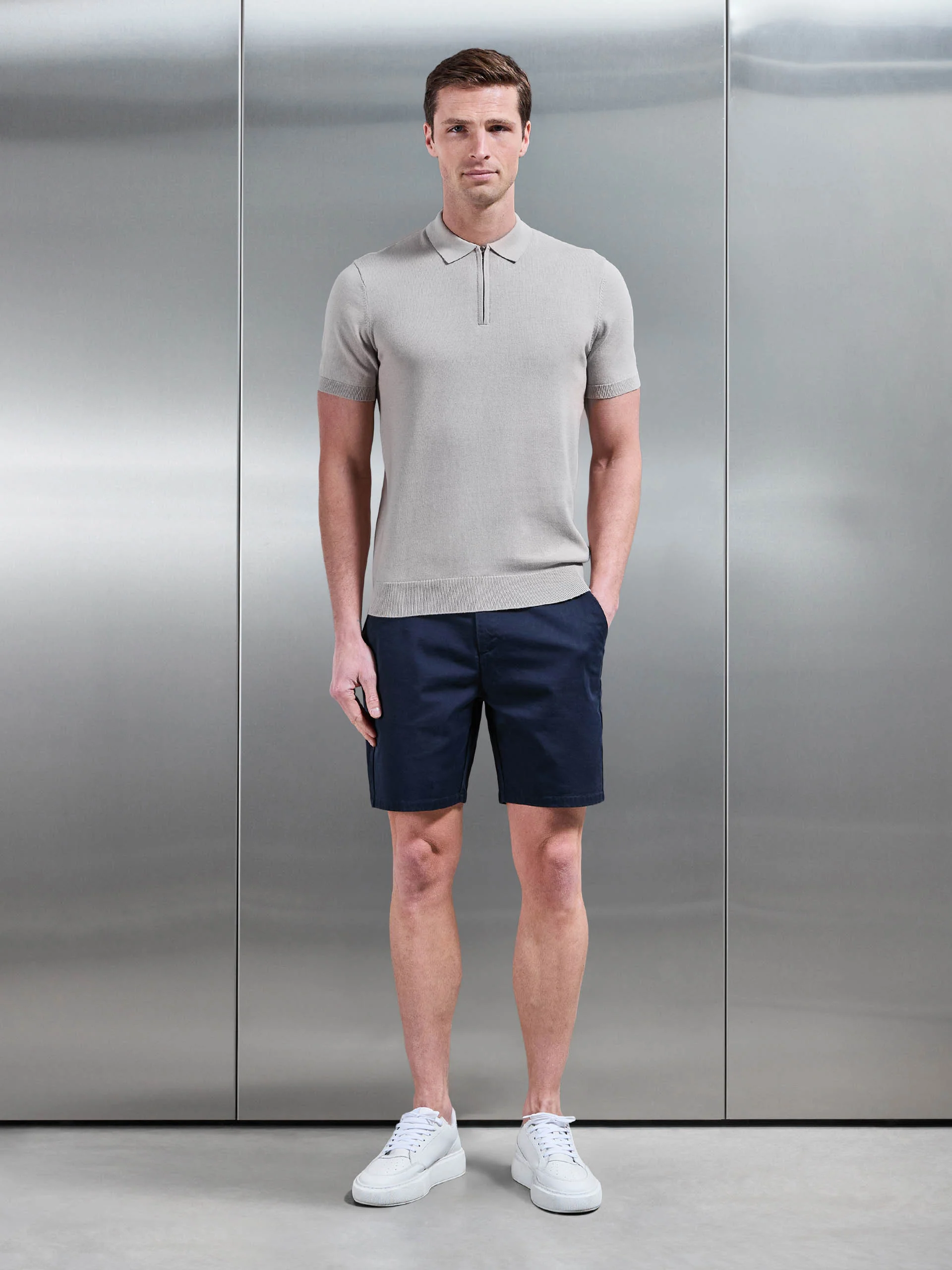 Cotton Knitted Zip Polo Shirt in Stone - Image 2