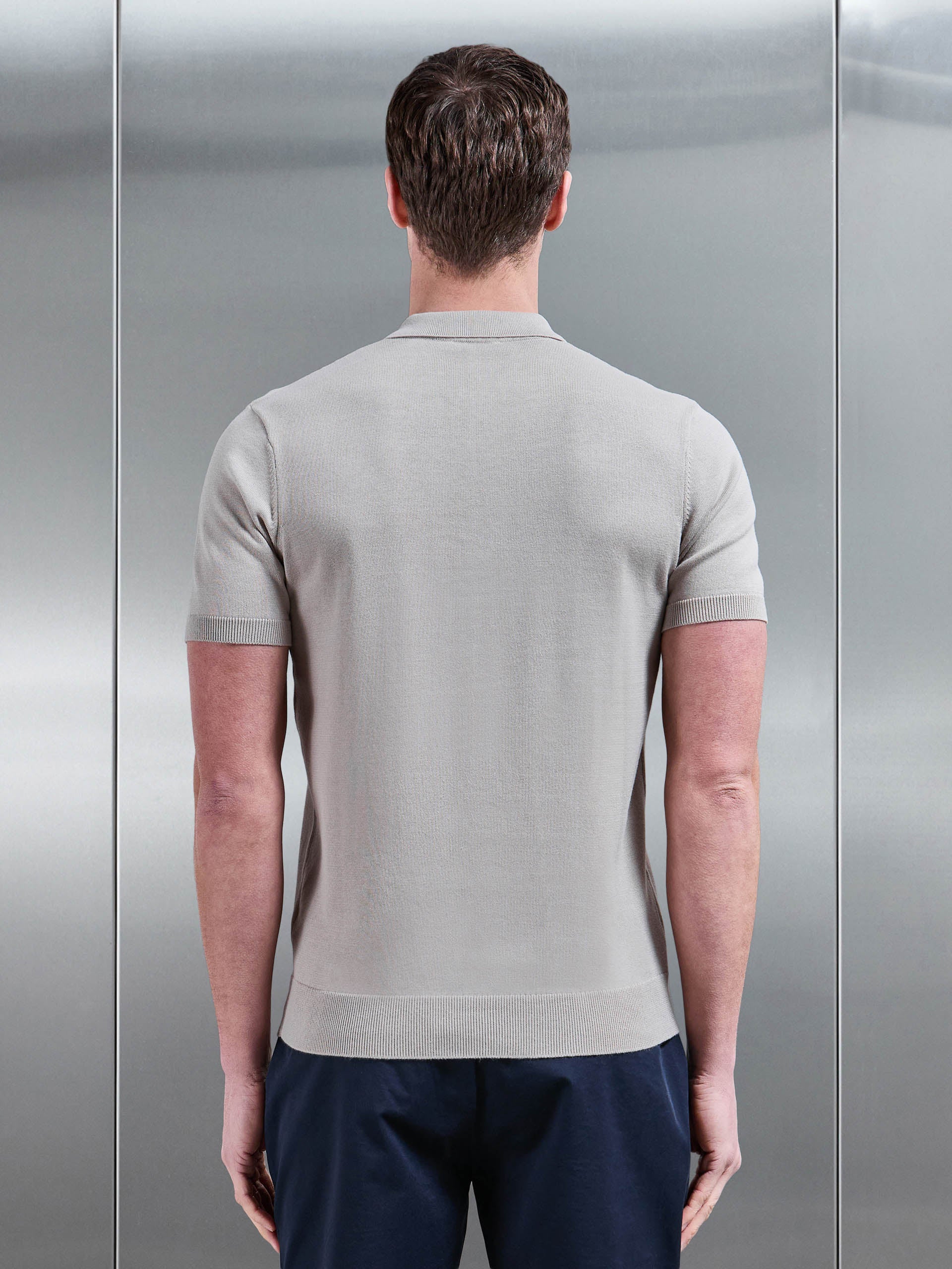 Cotton Knitted Zip Polo Shirt in Stone - Image 3