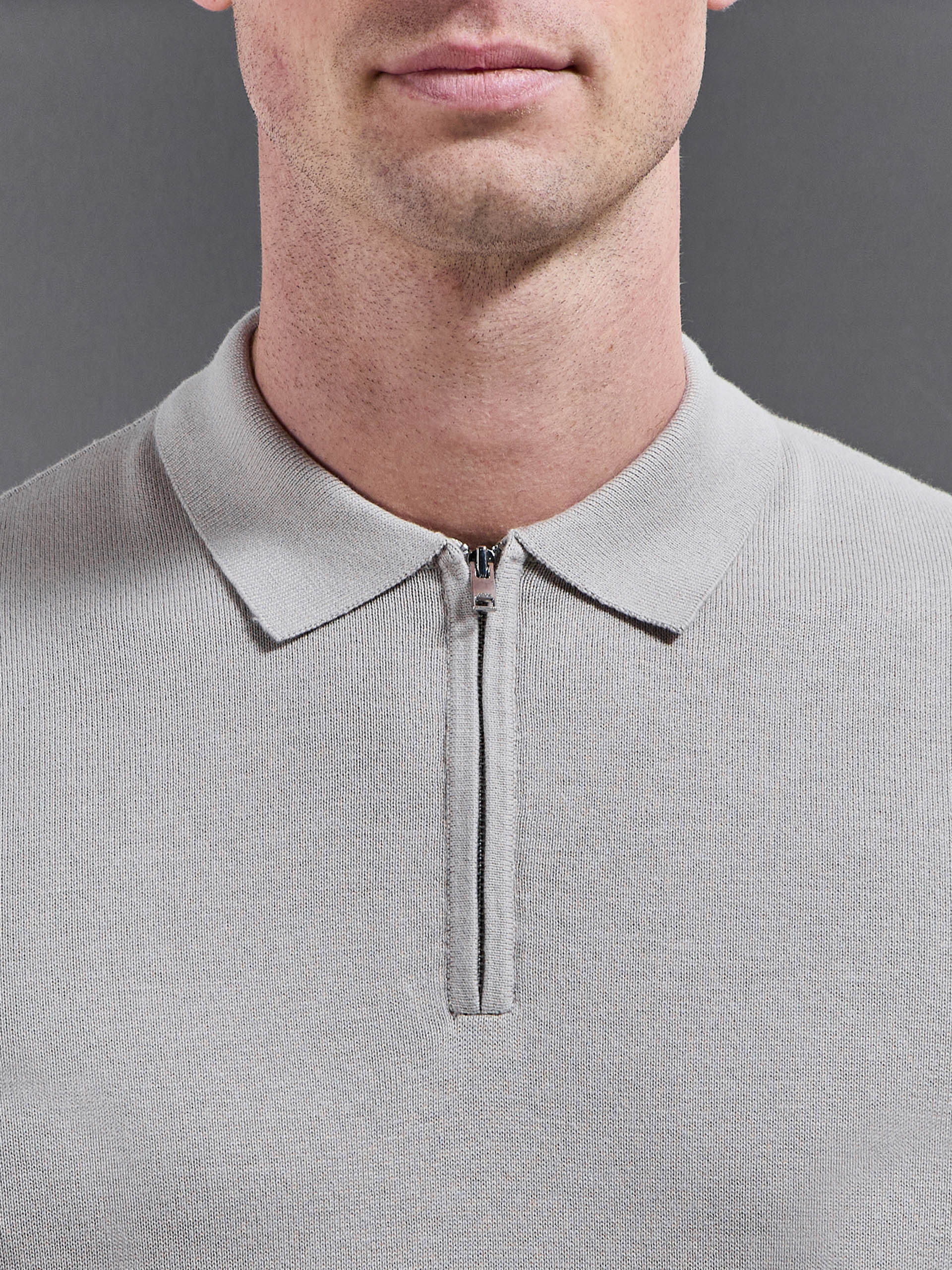 Cotton Knitted Zip Polo Shirt in Stone - Image 4