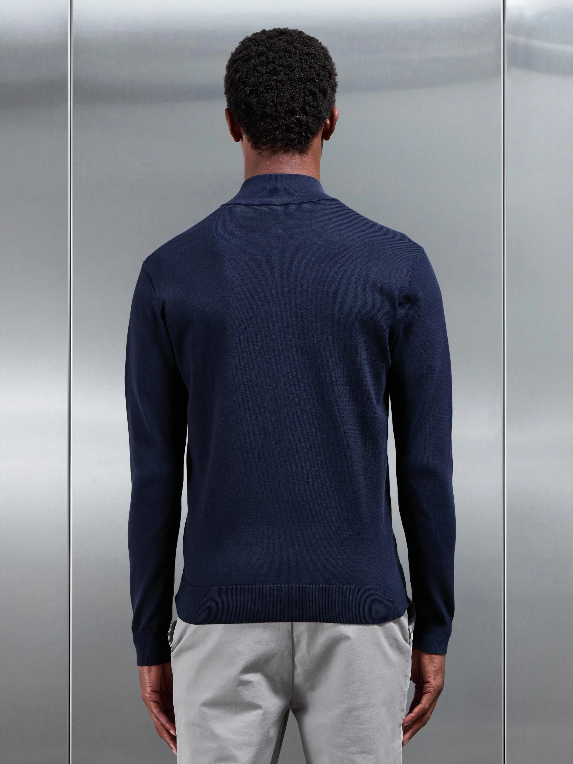 Cotton Knitted Zip Through Jacket in Navy - Image 3