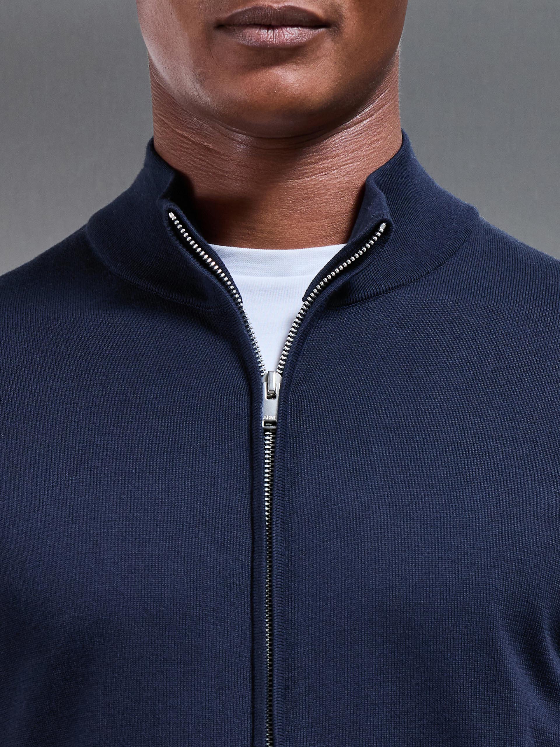 Cotton Knitted Zip Through Jacket in Navy - Image 4