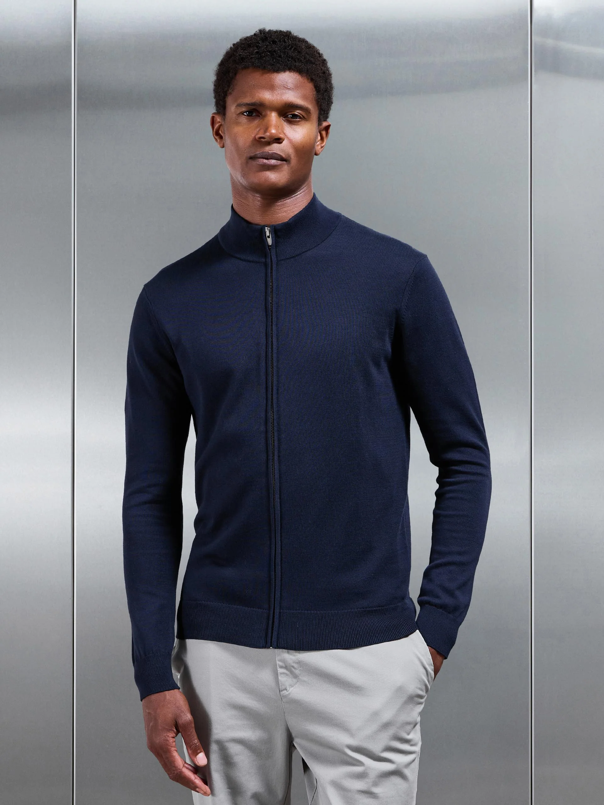 Cotton Knitted Zip Through Jacket in Navy - Image 5
