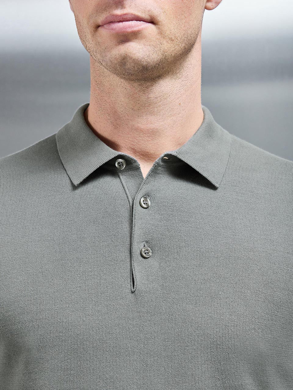 Cotton and Silk Long Sleeve Button Polo Shirt in Sage - Image 3