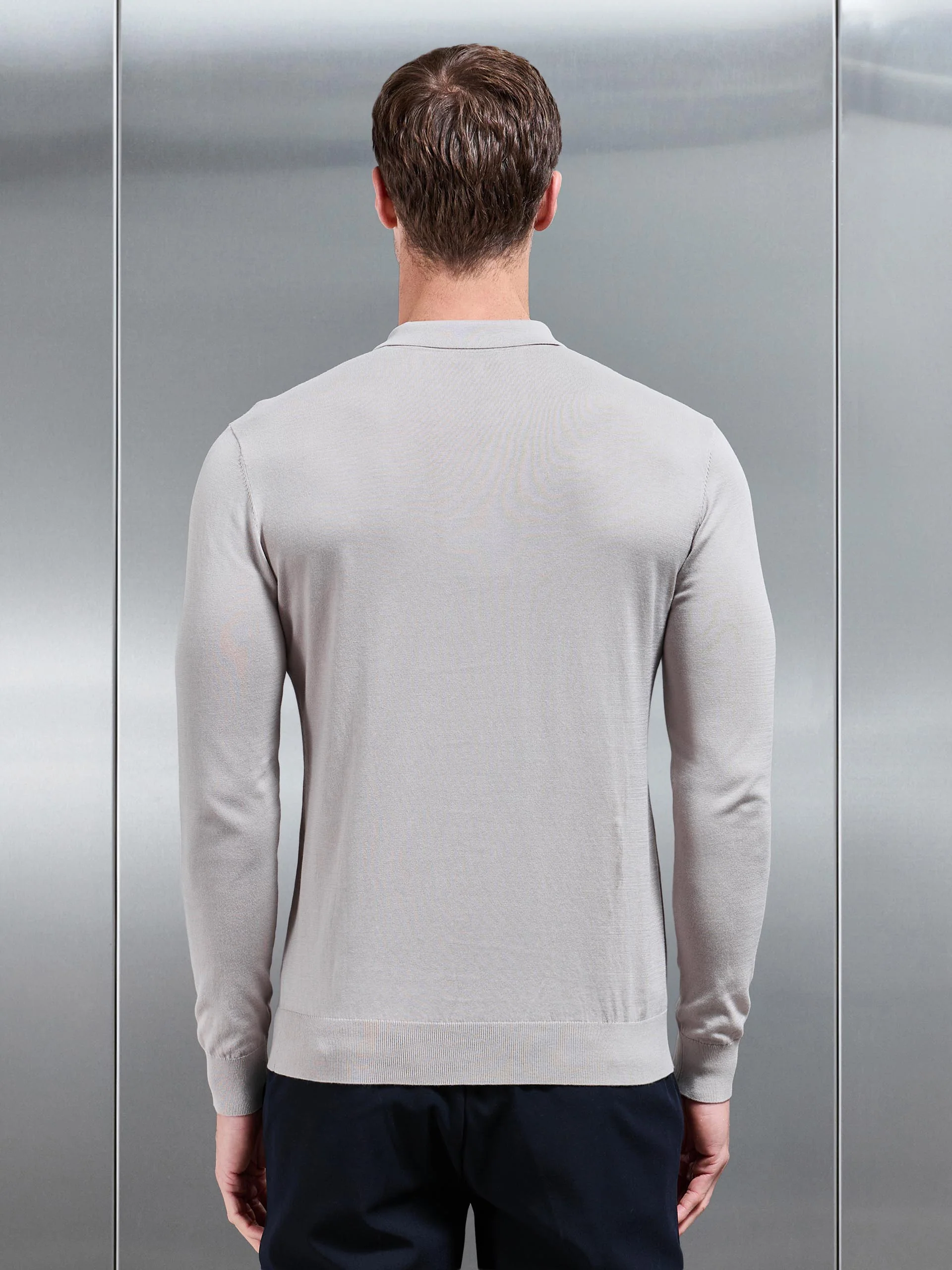 Cotton and Silk Long Sleeve Zip Polo Shirt in Stone - Image 3