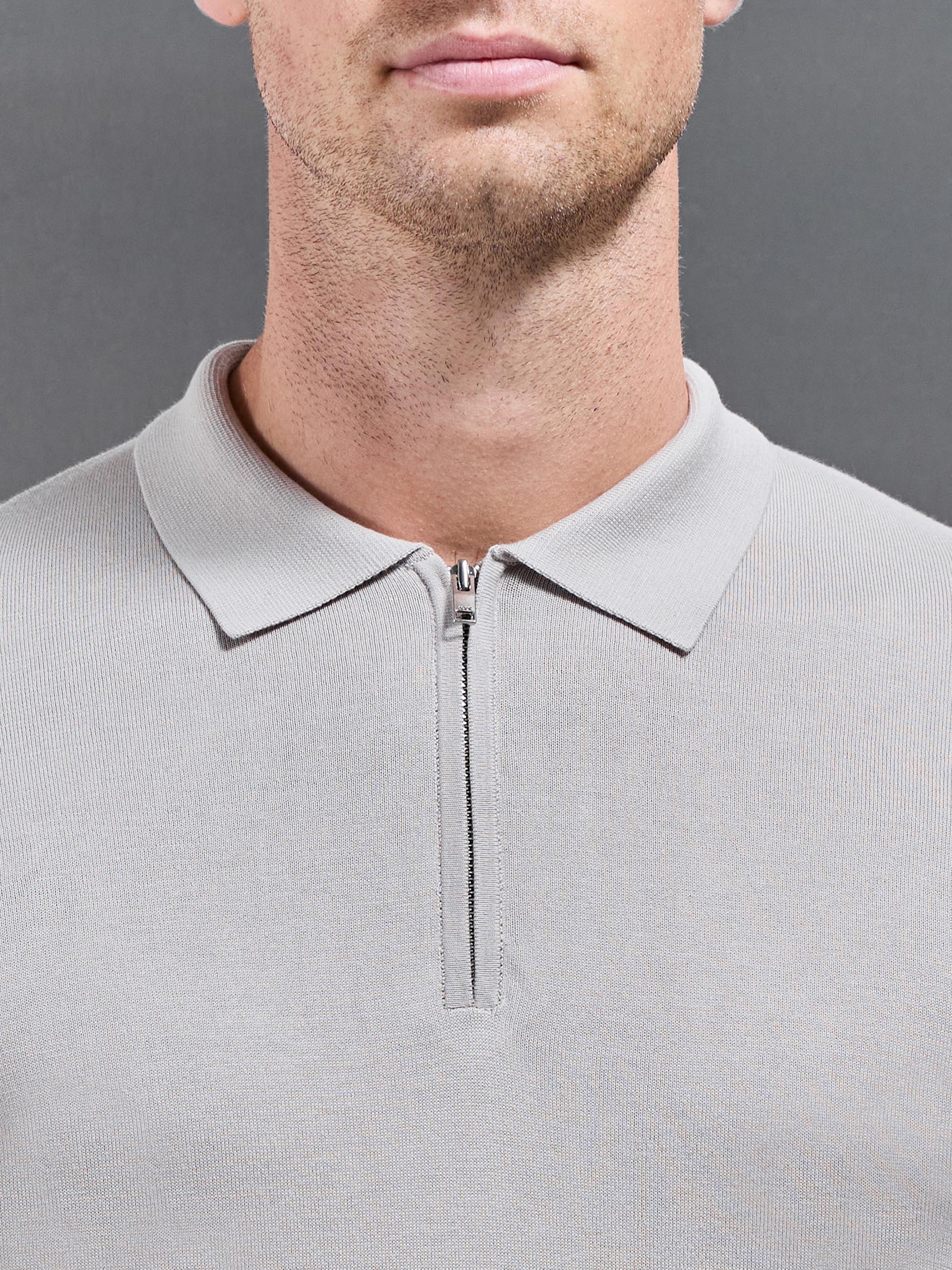 Cotton and Silk Long Sleeve Zip Polo Shirt in Stone - Image 4
