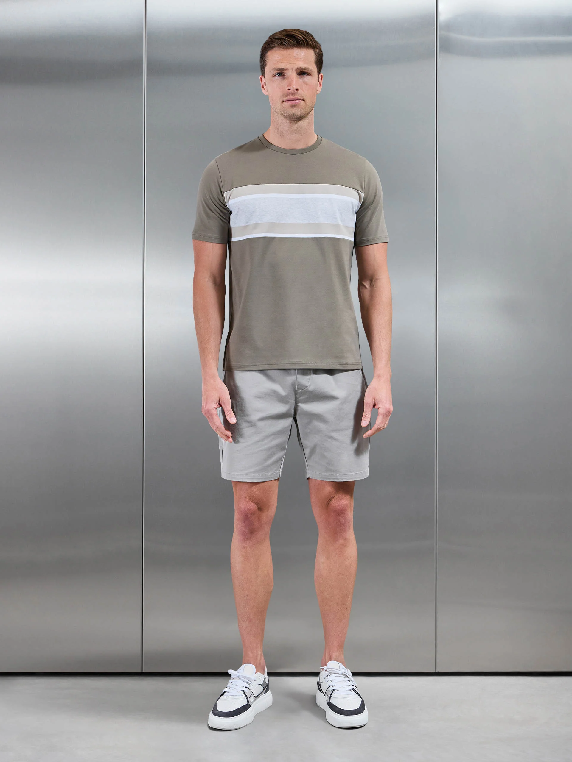 Cotton Stretch Colour Block T-Shirt in Sage - Image 2