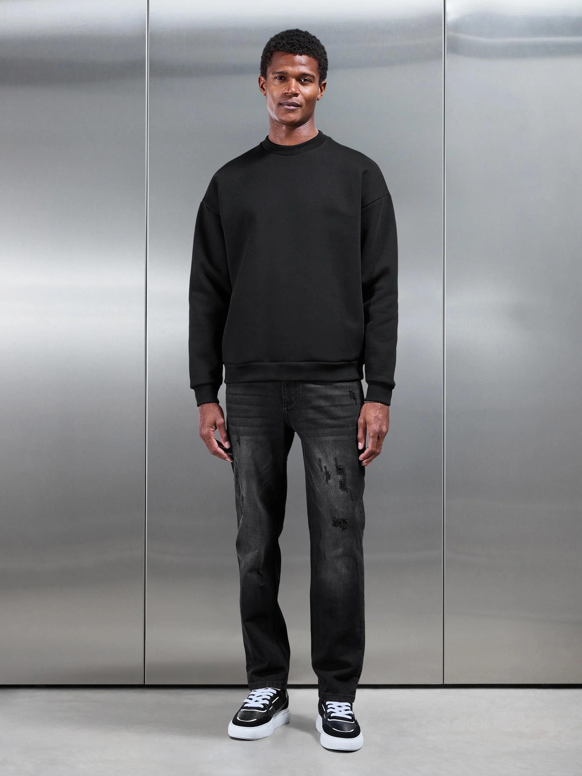 Distressed Straight Leg Denim Jeans in Black Wash - Image 2