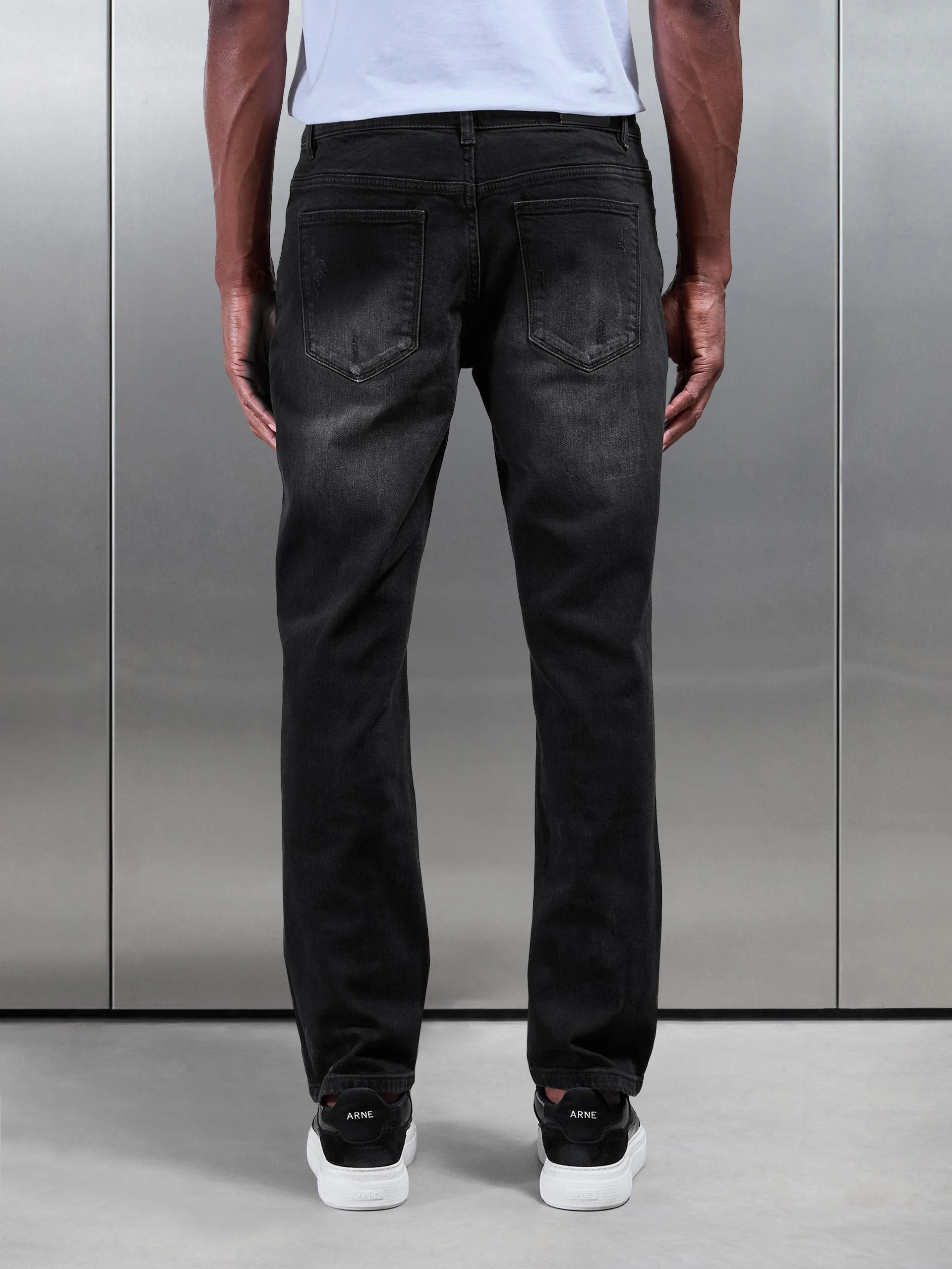 Distressed Straight Leg Denim Jeans in Black Wash - Image 3