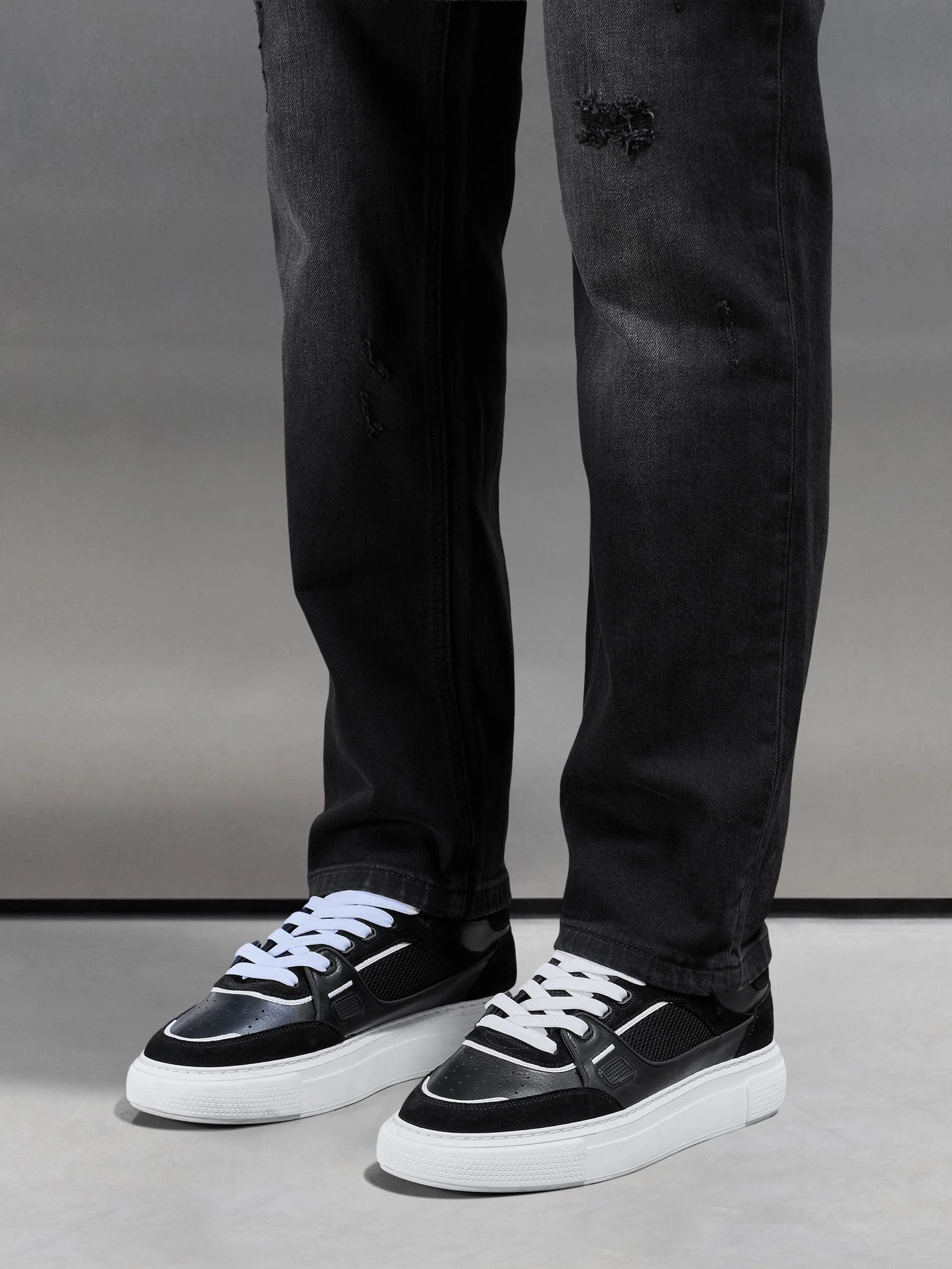 Distressed Straight Leg Denim Jeans in Black Wash - Image 4