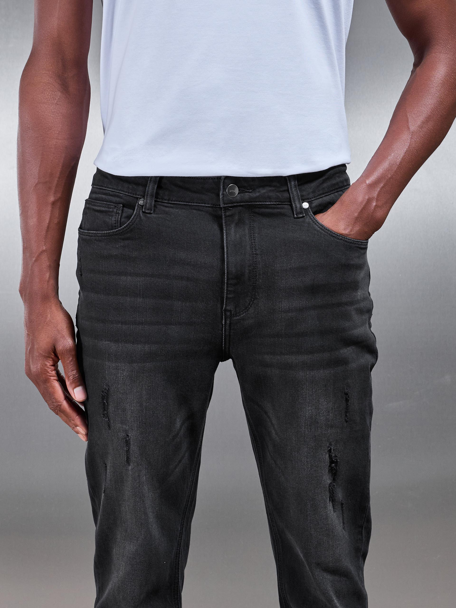 Distressed Straight Leg Denim Jeans in Black Wash - Image 5
