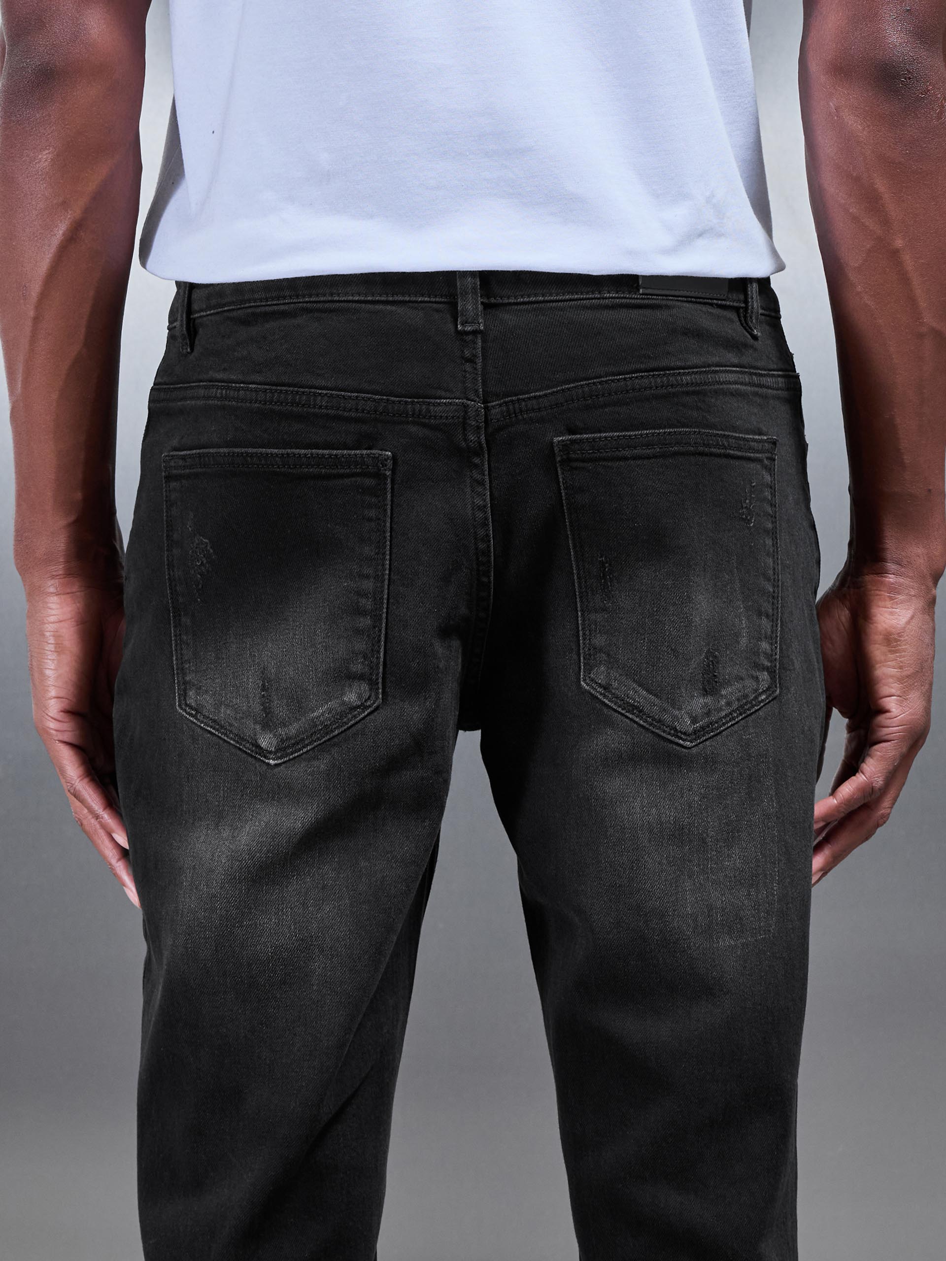 Distressed Straight Leg Denim Jeans in Black Wash - Image 6