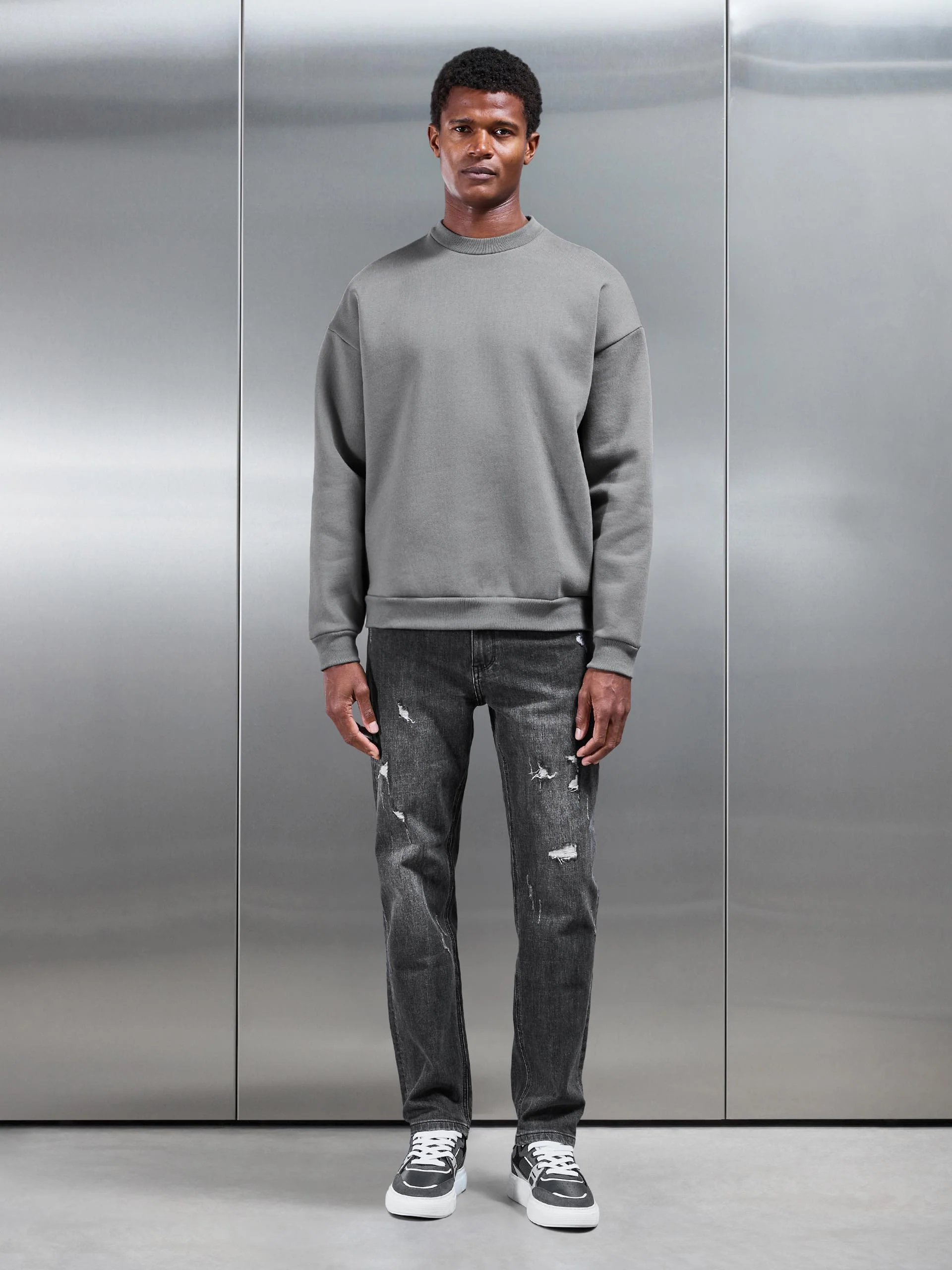 Distressed Straight Leg Denim Jeans in Grey Wash - Image 3