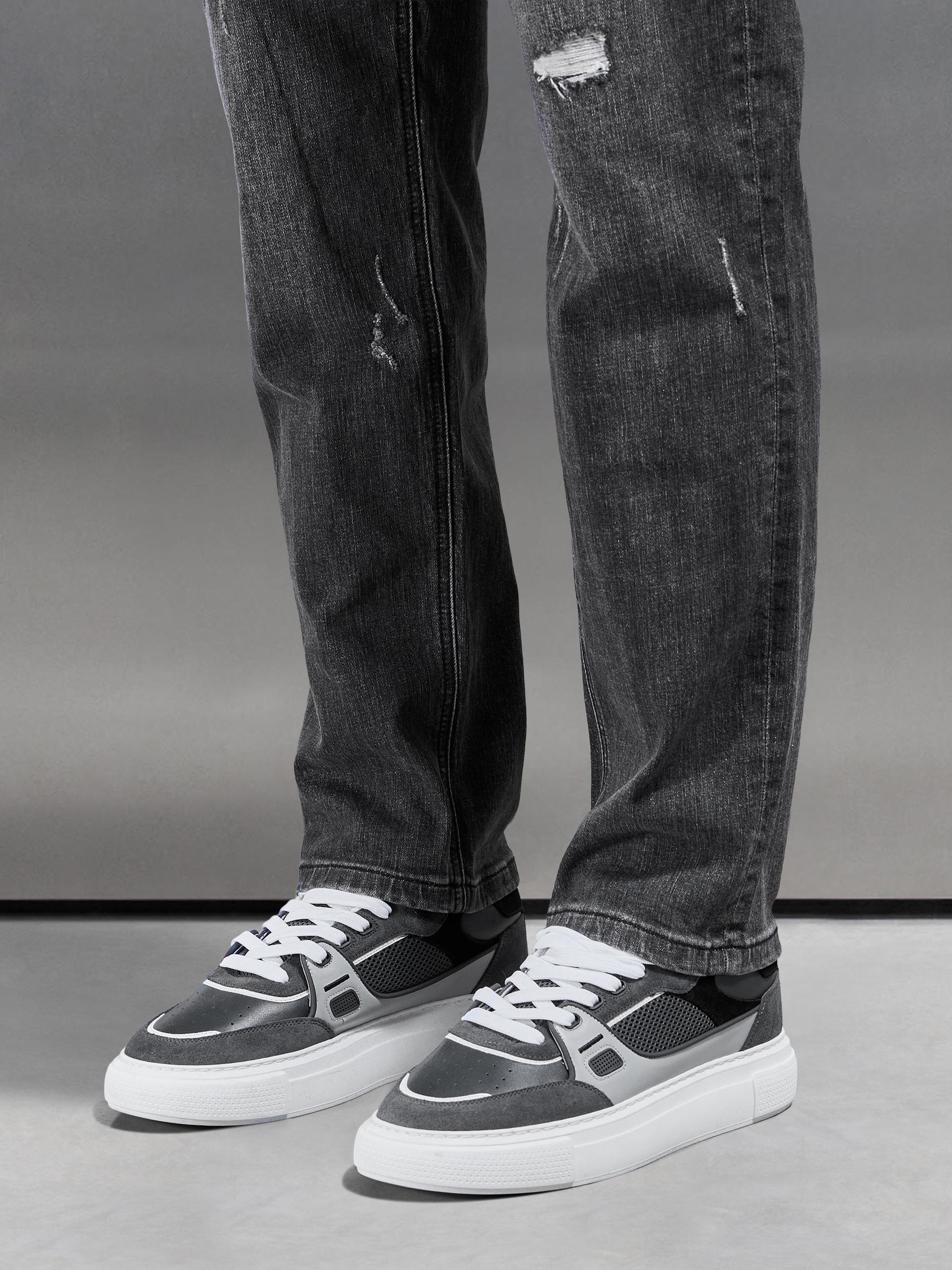 Distressed Straight Leg Denim Jeans in Grey Wash - Image 5