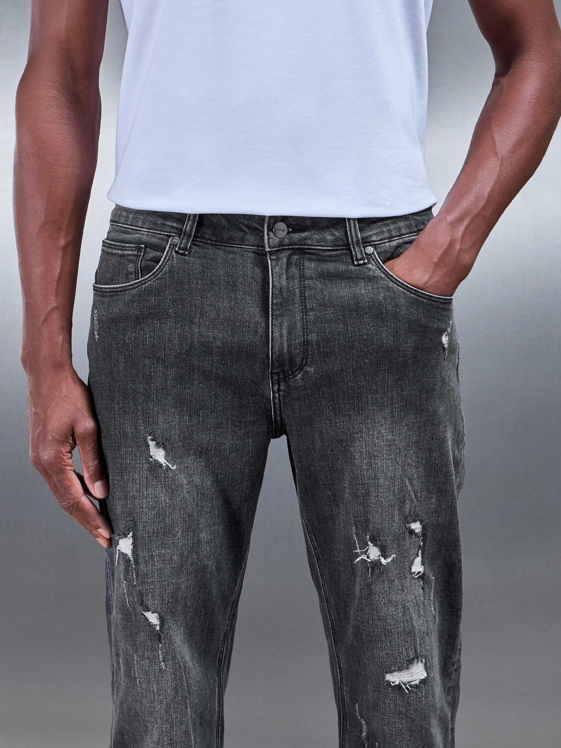 Distressed Straight Leg Denim Jeans in Grey Wash - Image 7