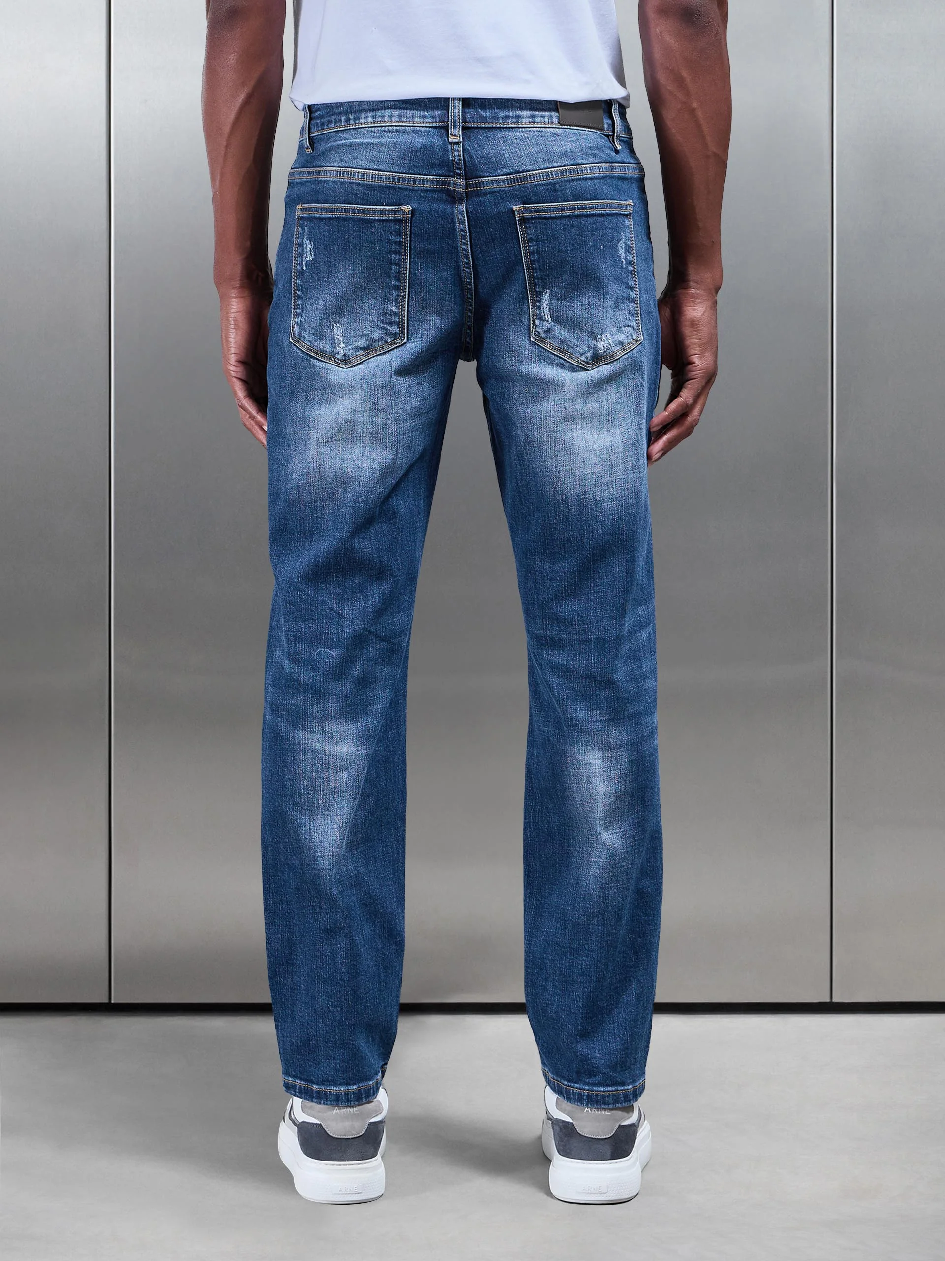 Distressed Straight Leg Denim Jeans in Mid Blue - Image 3