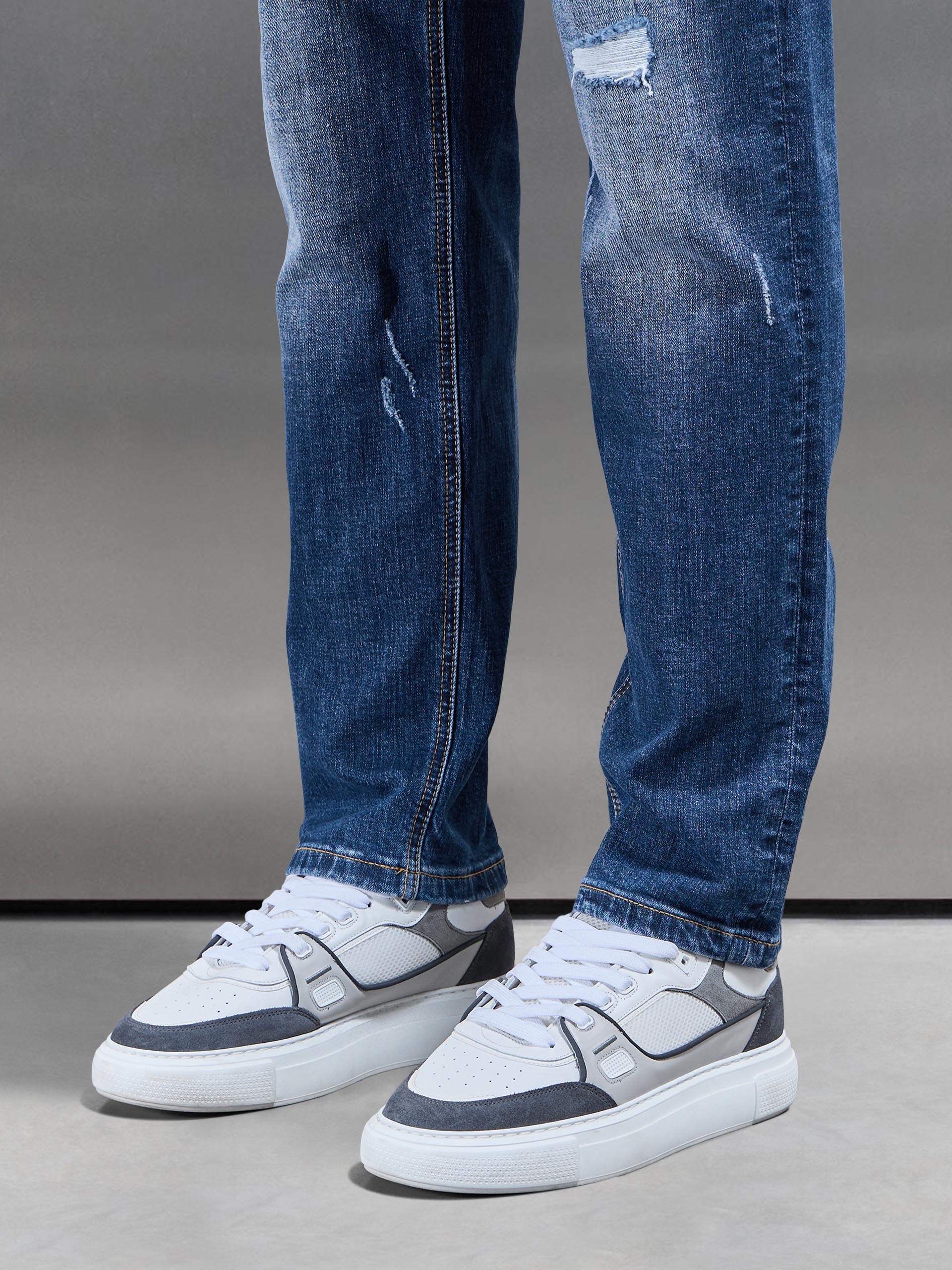 Distressed Straight Leg Denim Jeans in Mid Blue - Image 4